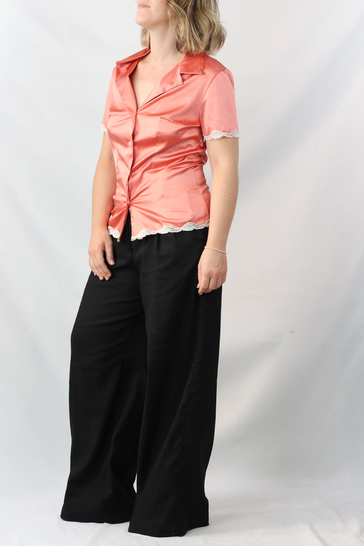 Silk Satin Lace-Trim Button-Up Top