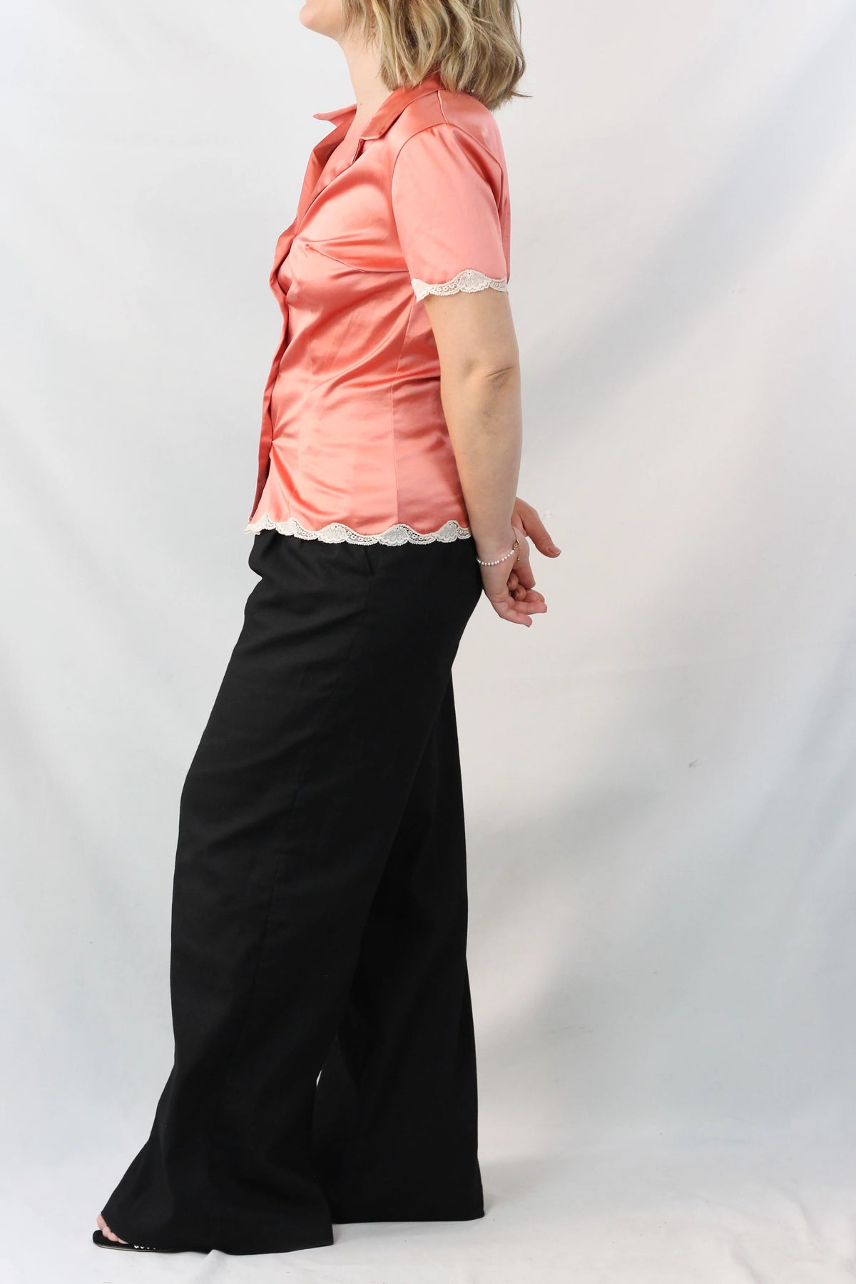 Silk Satin Lace-Trim Button-Up Top
