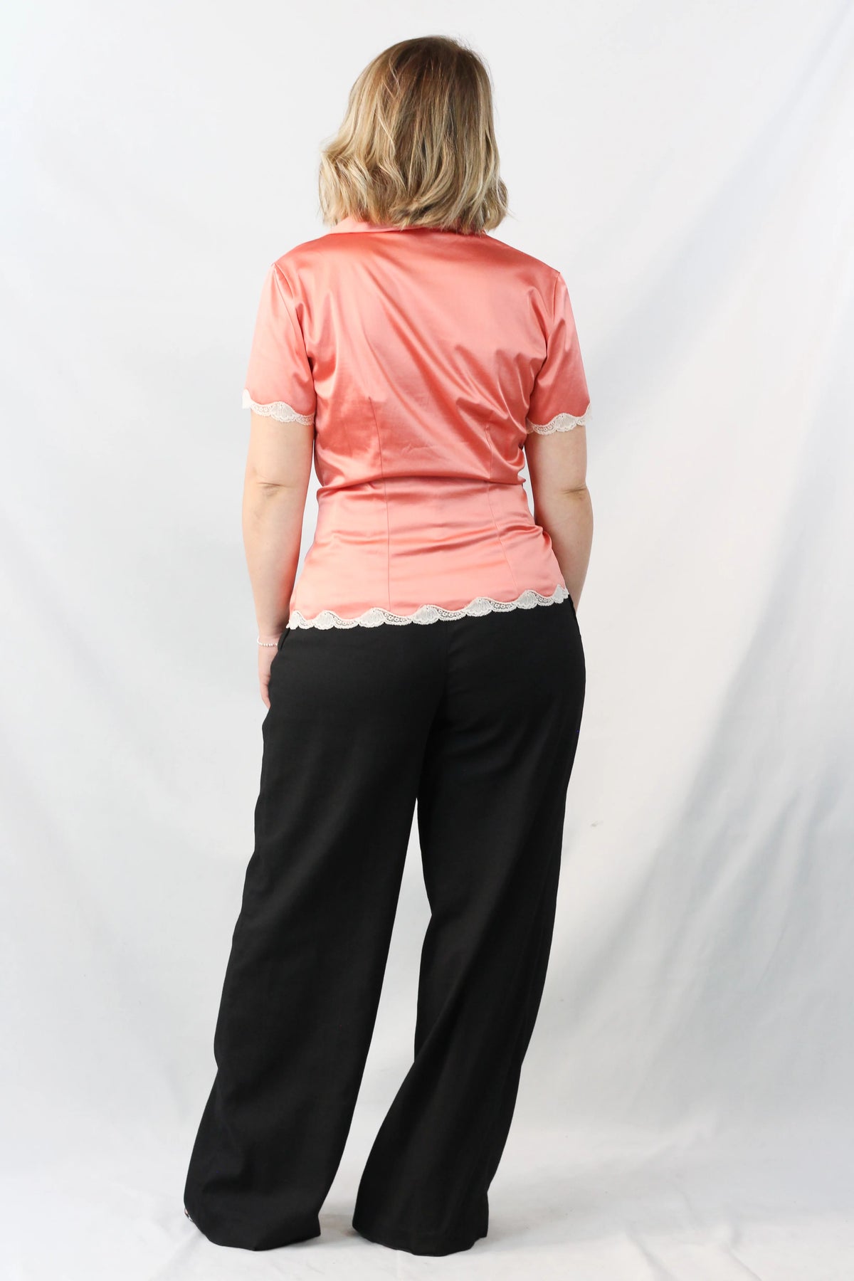 Silk Satin Lace-Trim Button-Up Top