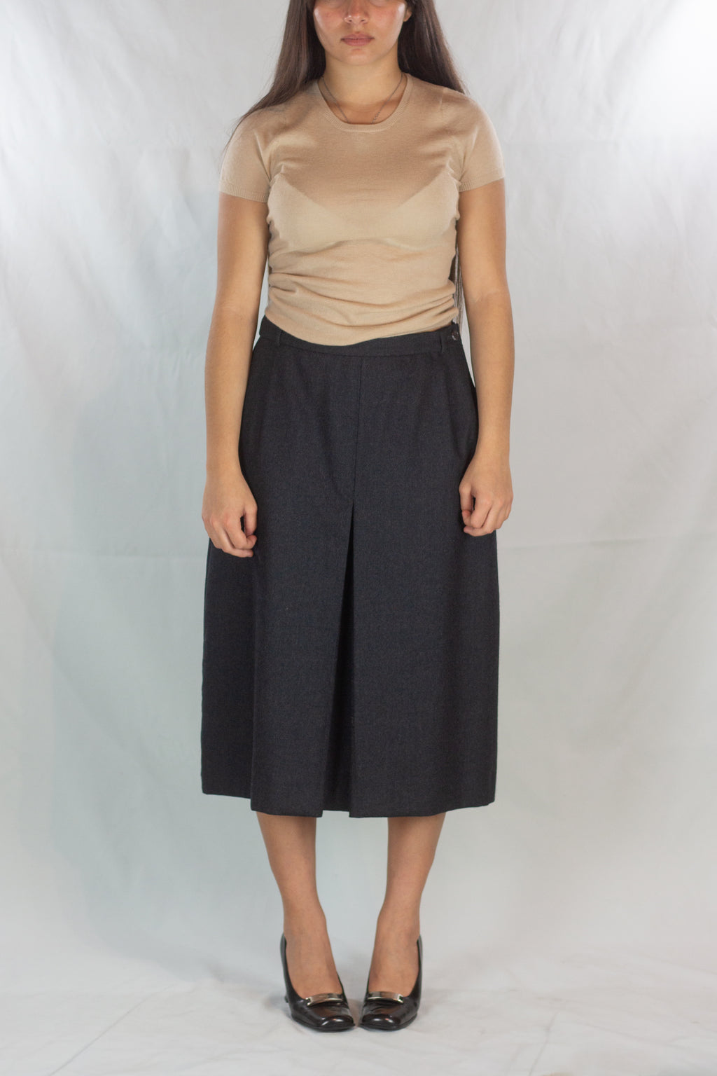 Vintage Grey Midi Skirt with Central Front and Back Pleats