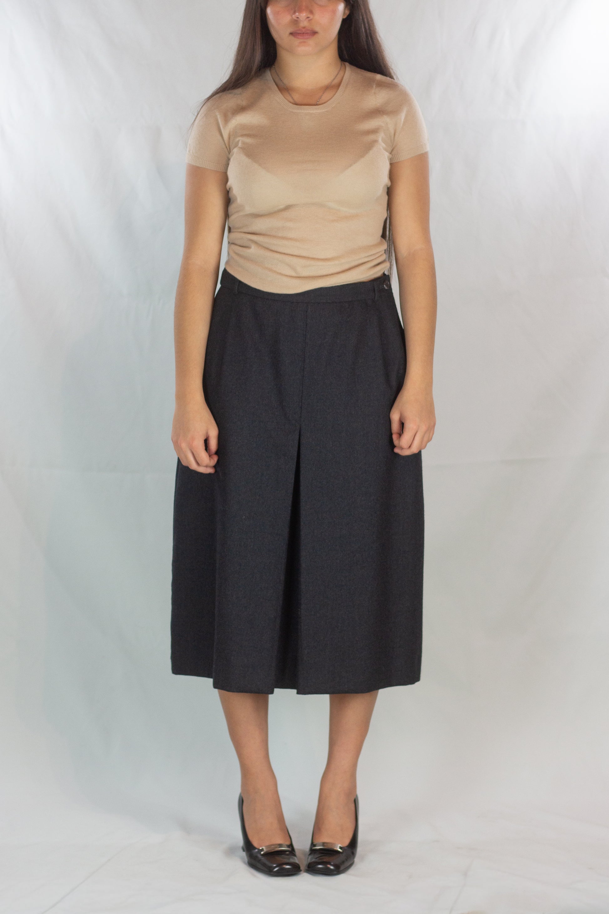 Vintage Grey Midi Skirt with Central Front and Back Pleats