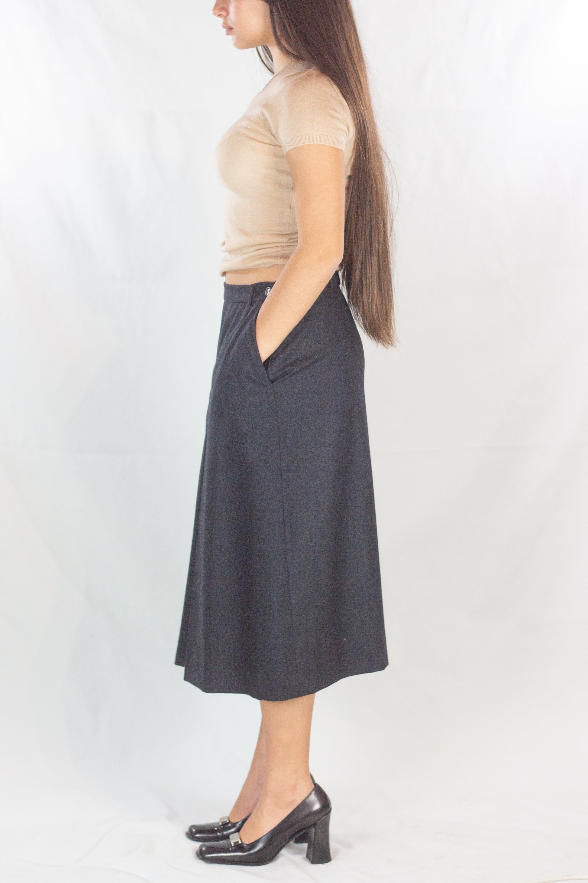 Vintage Grey Midi Skirt with Central Front and Back Pleats