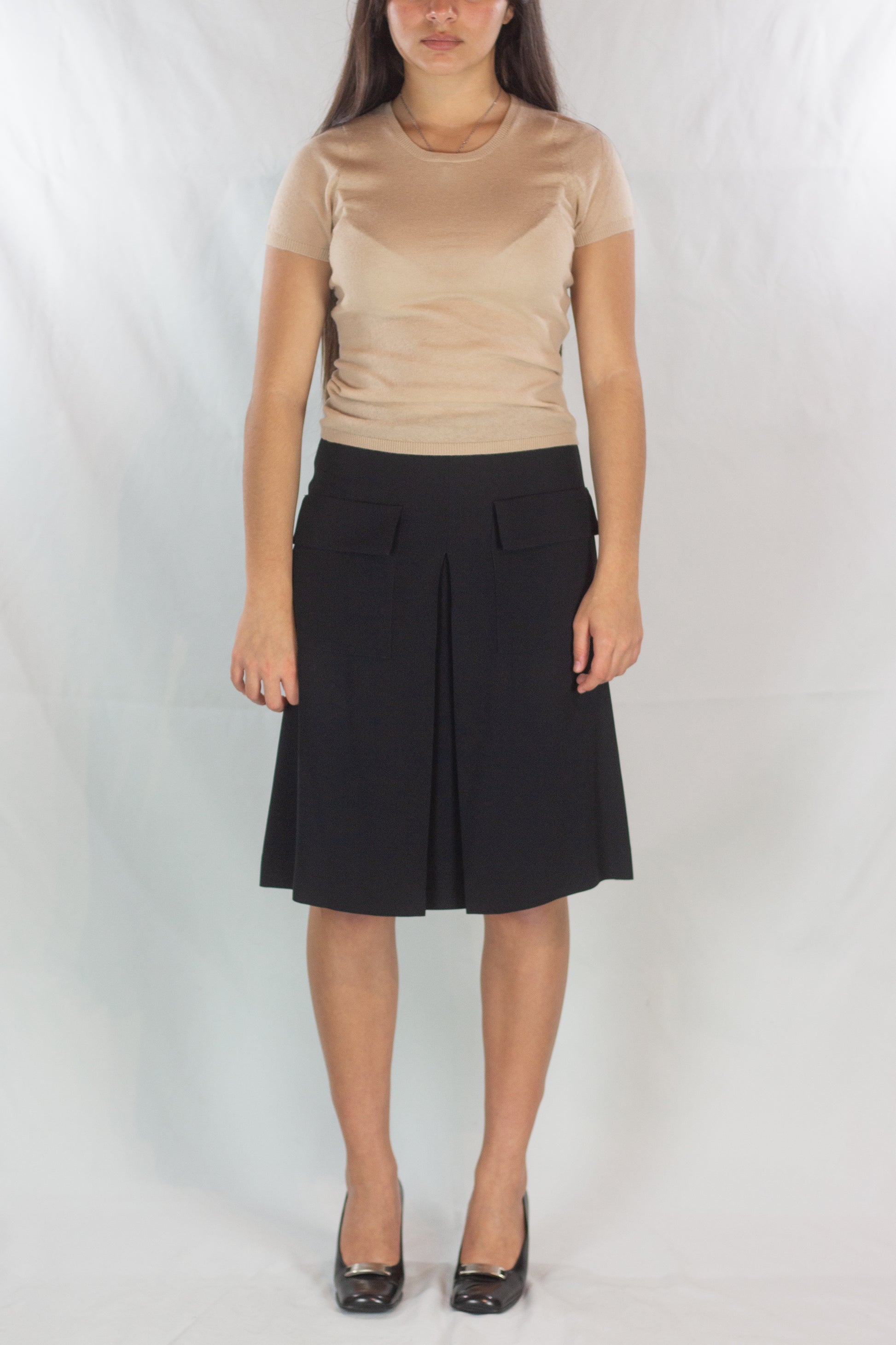 Black Silk Trapeze Skirt with Front Pleat