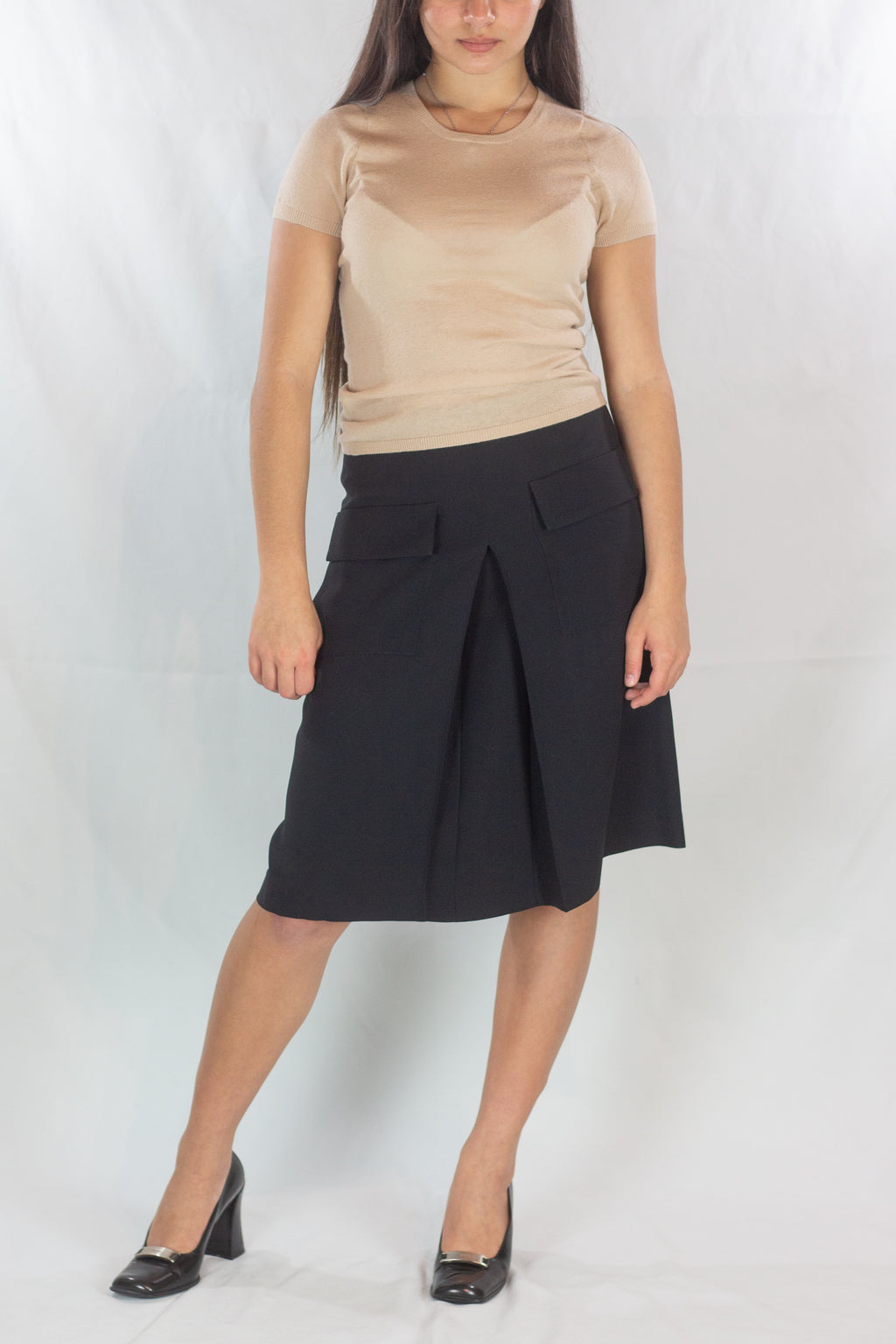 Black Silk Trapeze Skirt with Front Pleat
