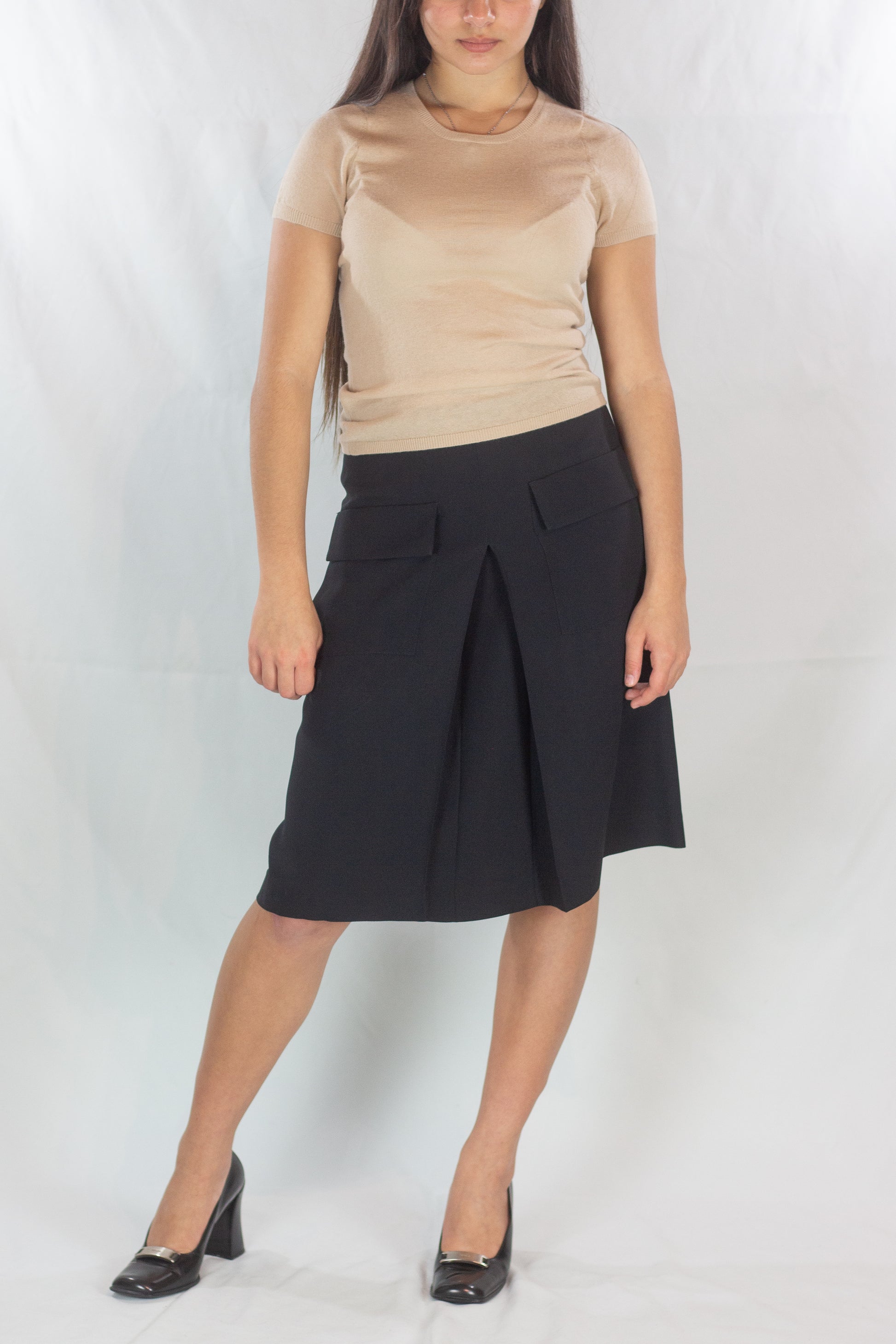 Black Silk Trapeze Skirt with Front Pleat