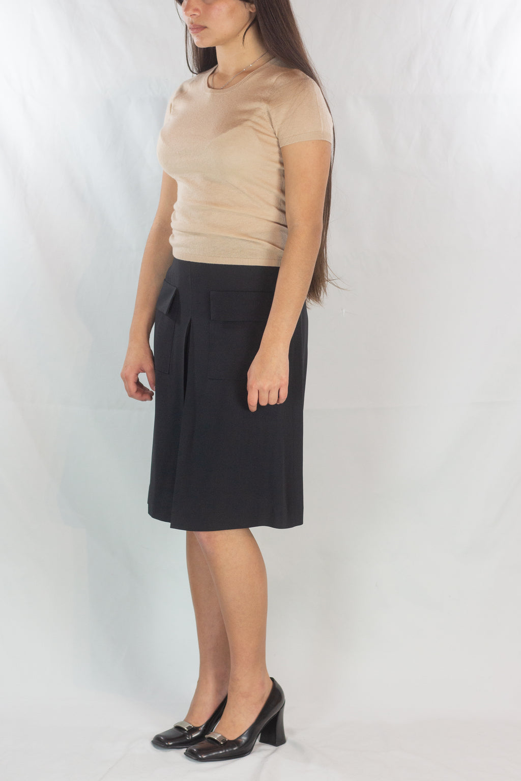 Black Silk Trapeze Skirt with Front Pleat