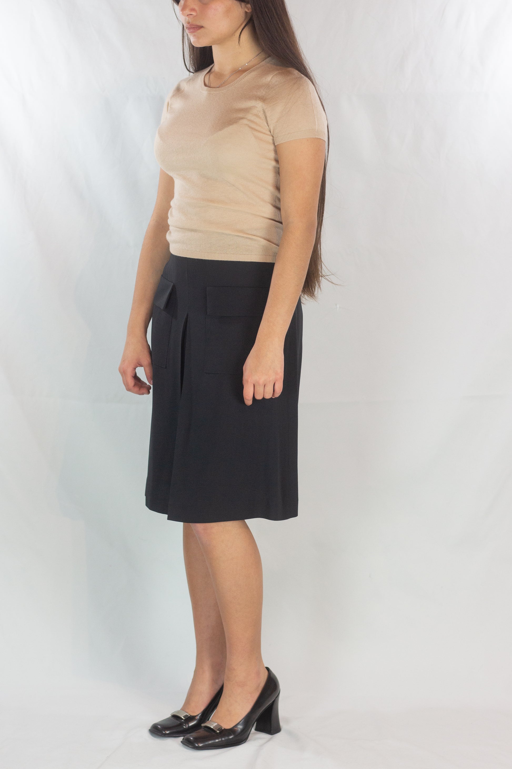 Black Silk Trapeze Skirt with Front Pleat