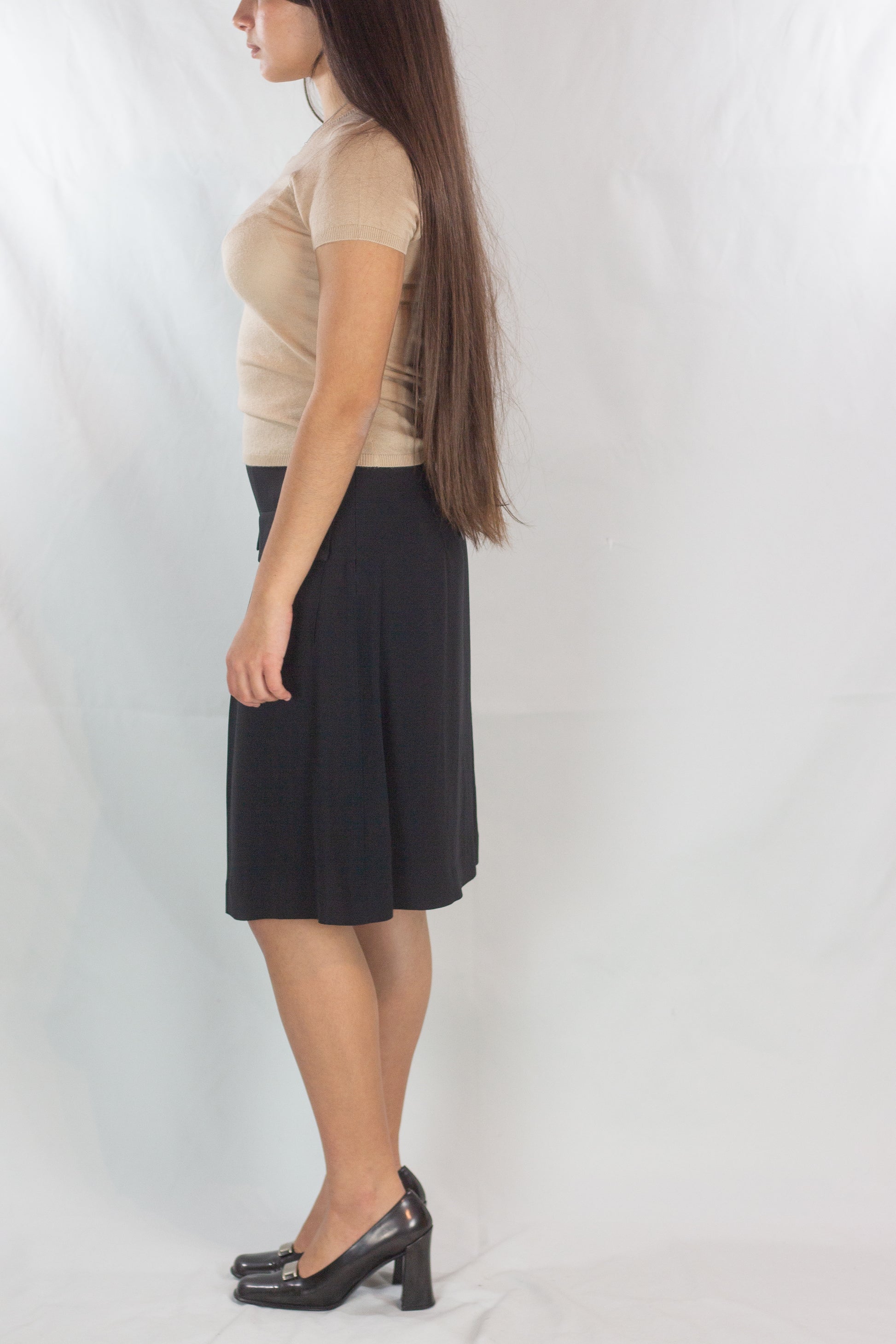 Black Silk Trapeze Skirt with Front Pleat
