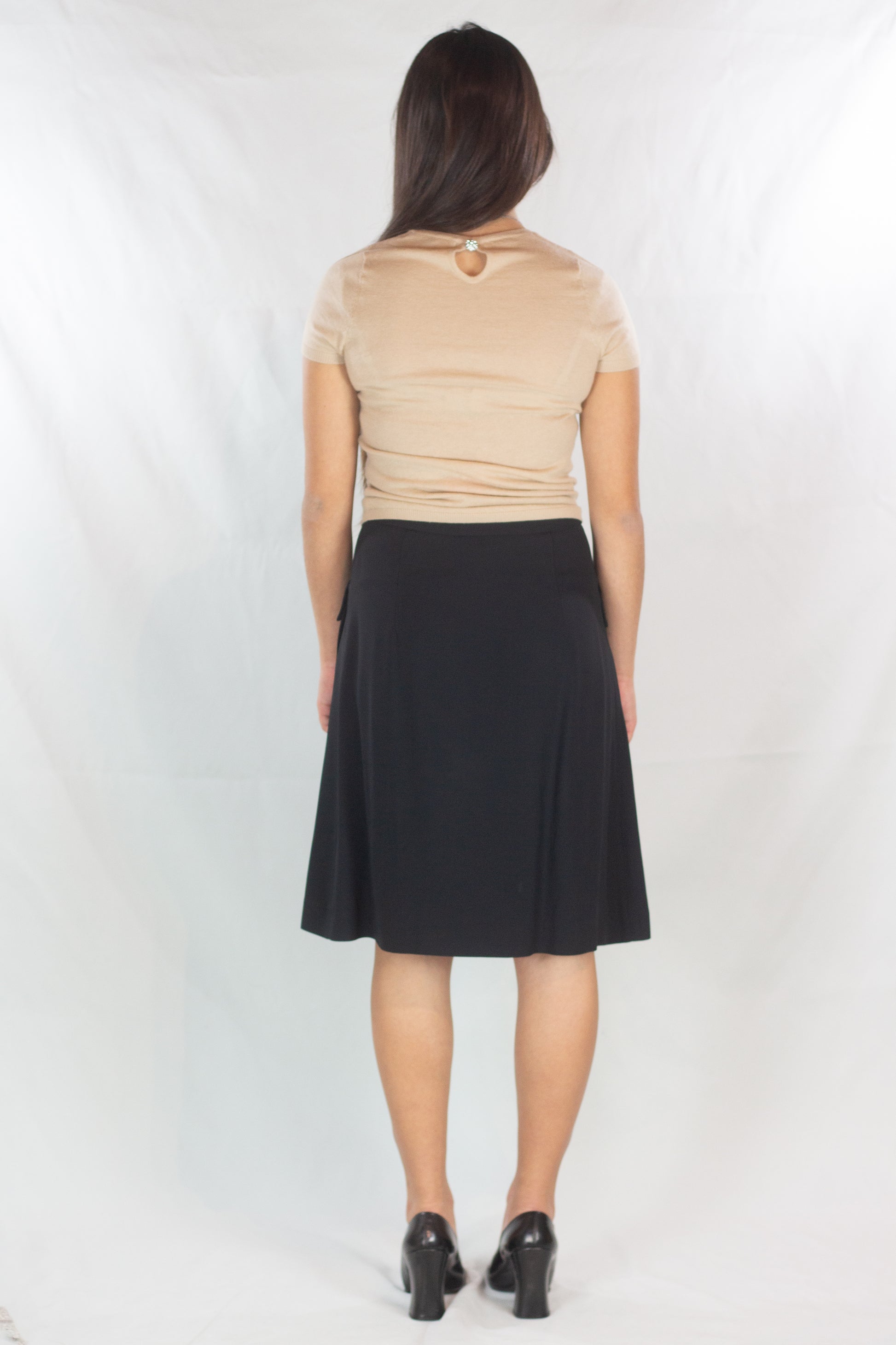 Black Silk Trapeze Skirt with Front Pleat