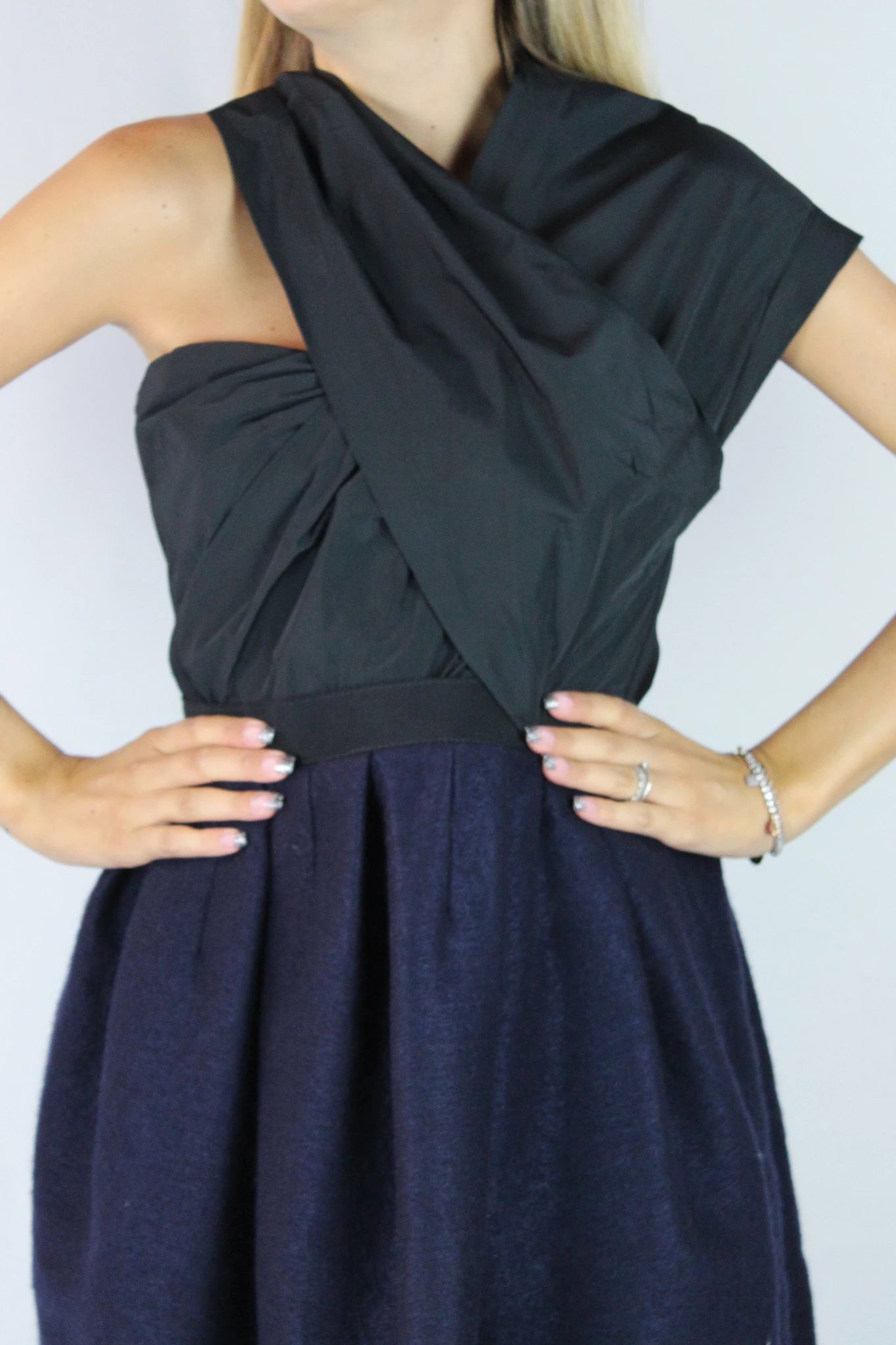 Black & Navy Crèpe Puffball Cocktail Dress