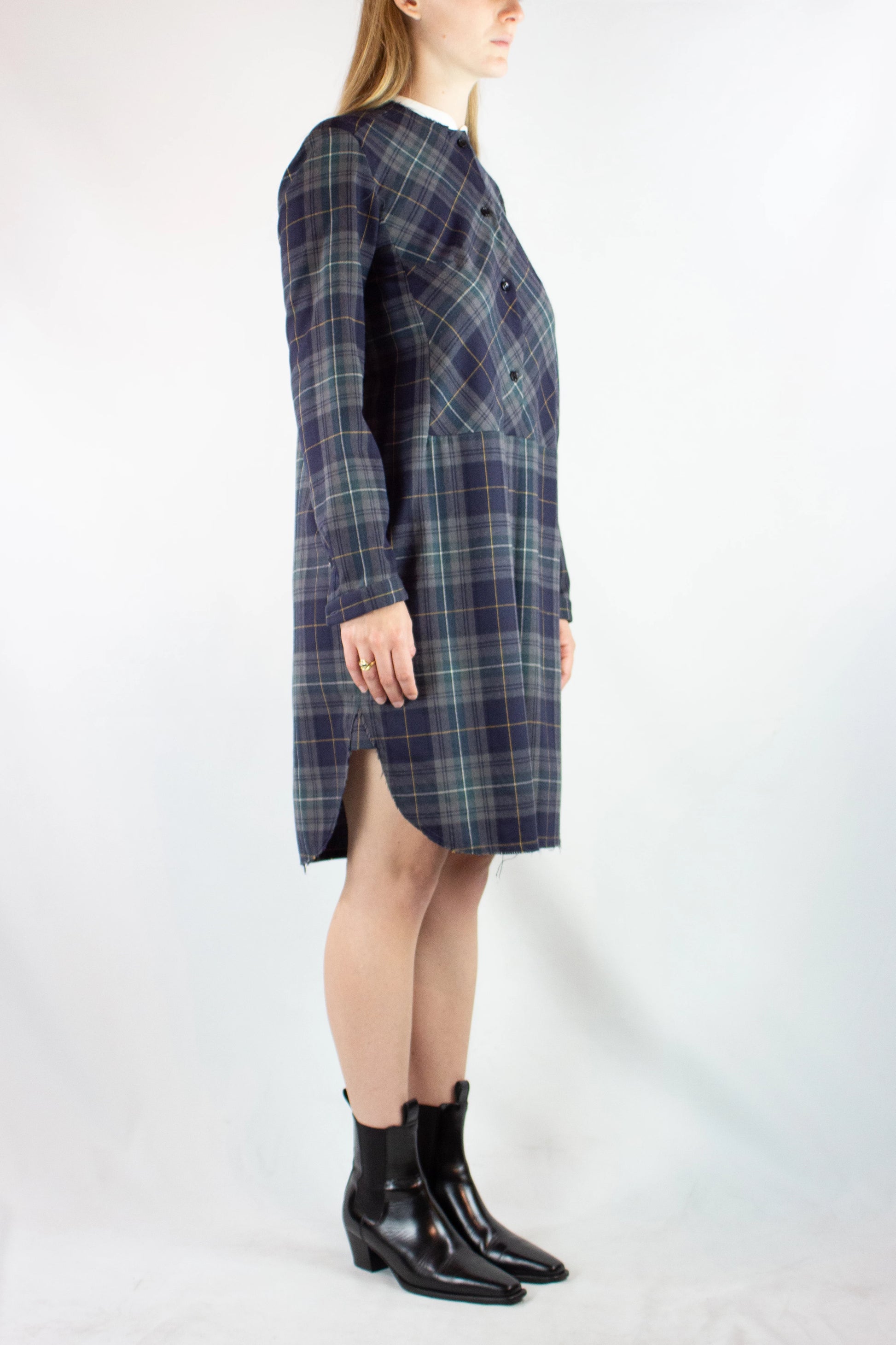 Checked Knee-Length Dress with White Korean Collar