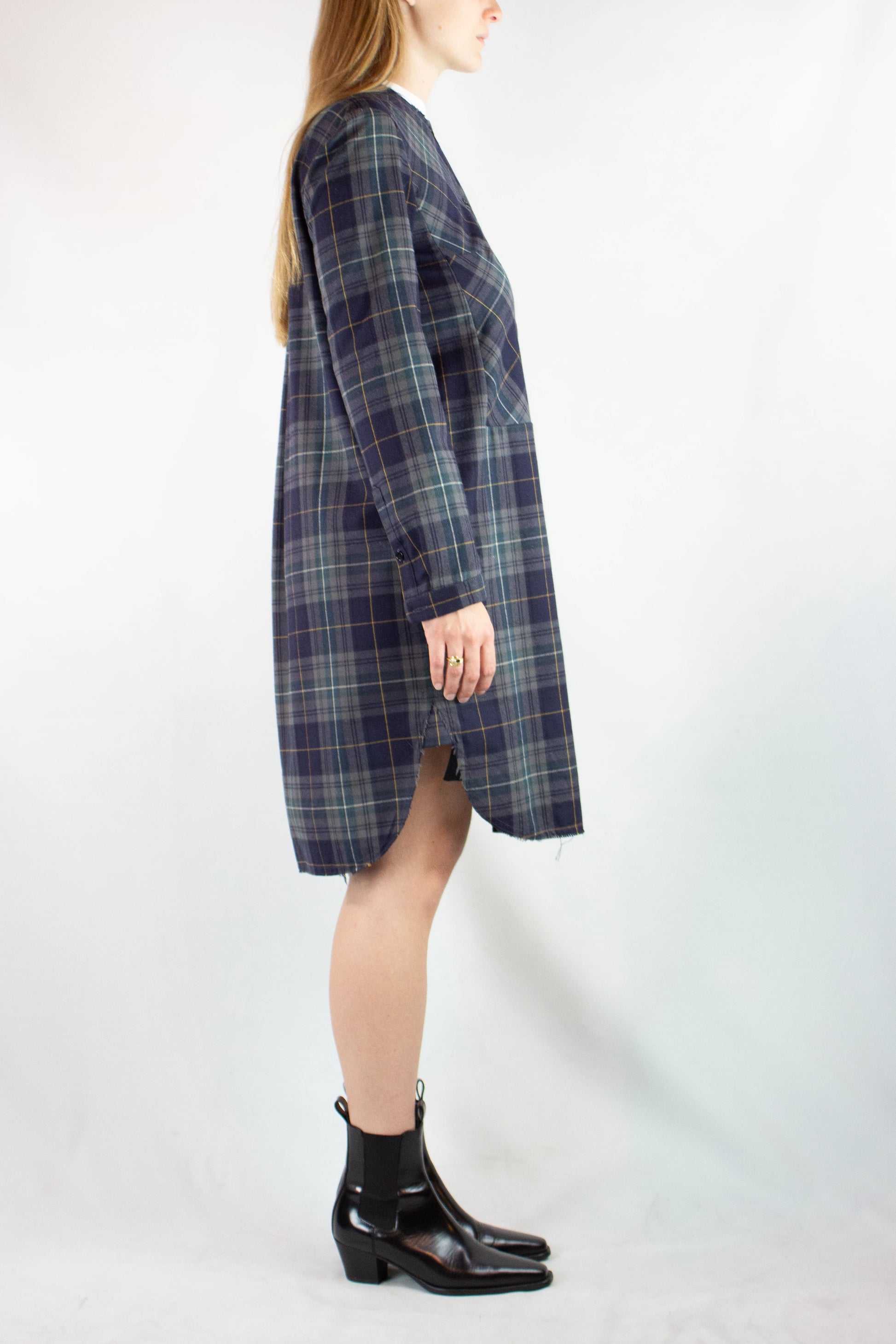 Checked Knee-Length Dress with White Korean Collar