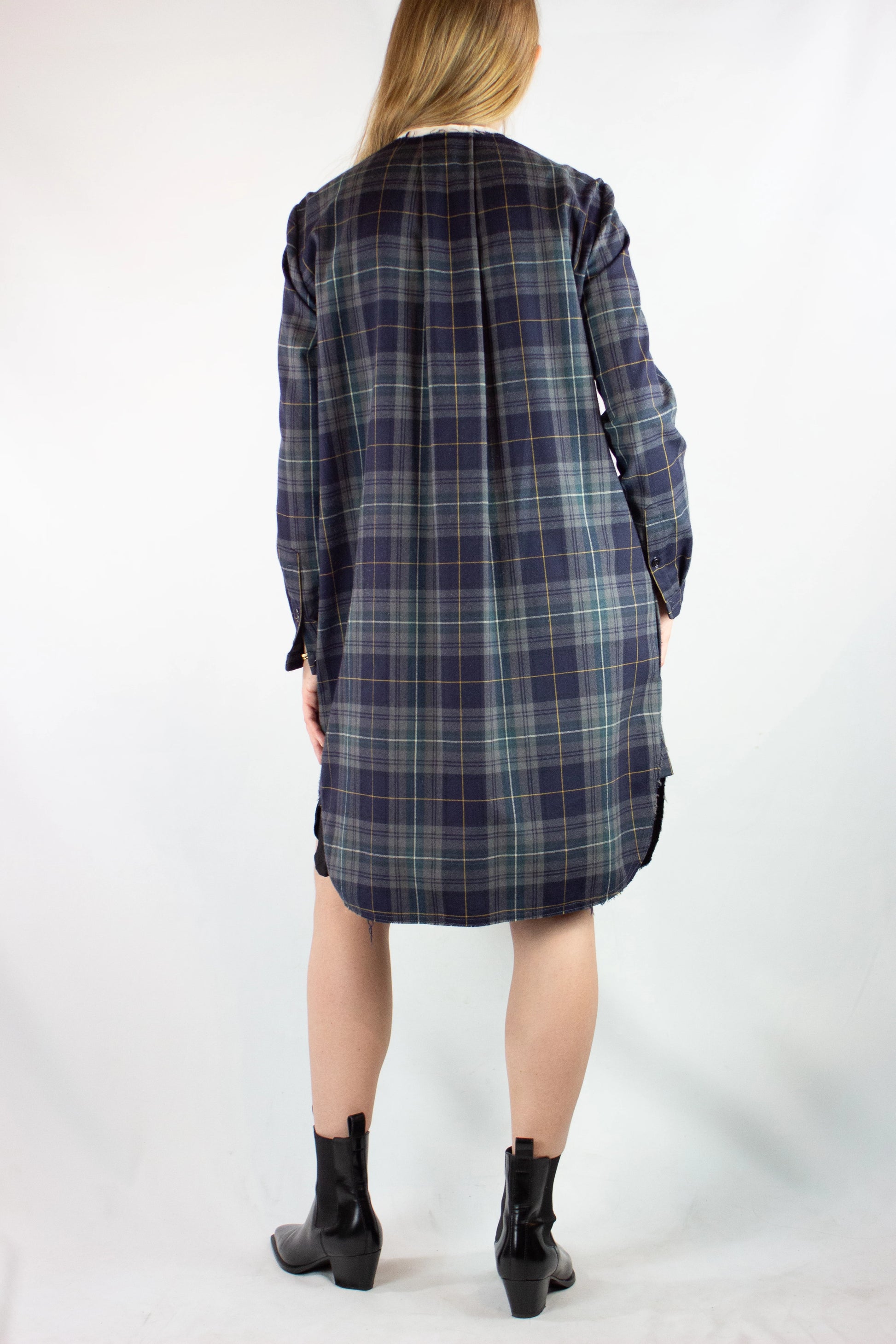 Checked Knee-Length Dress with White Korean Collar