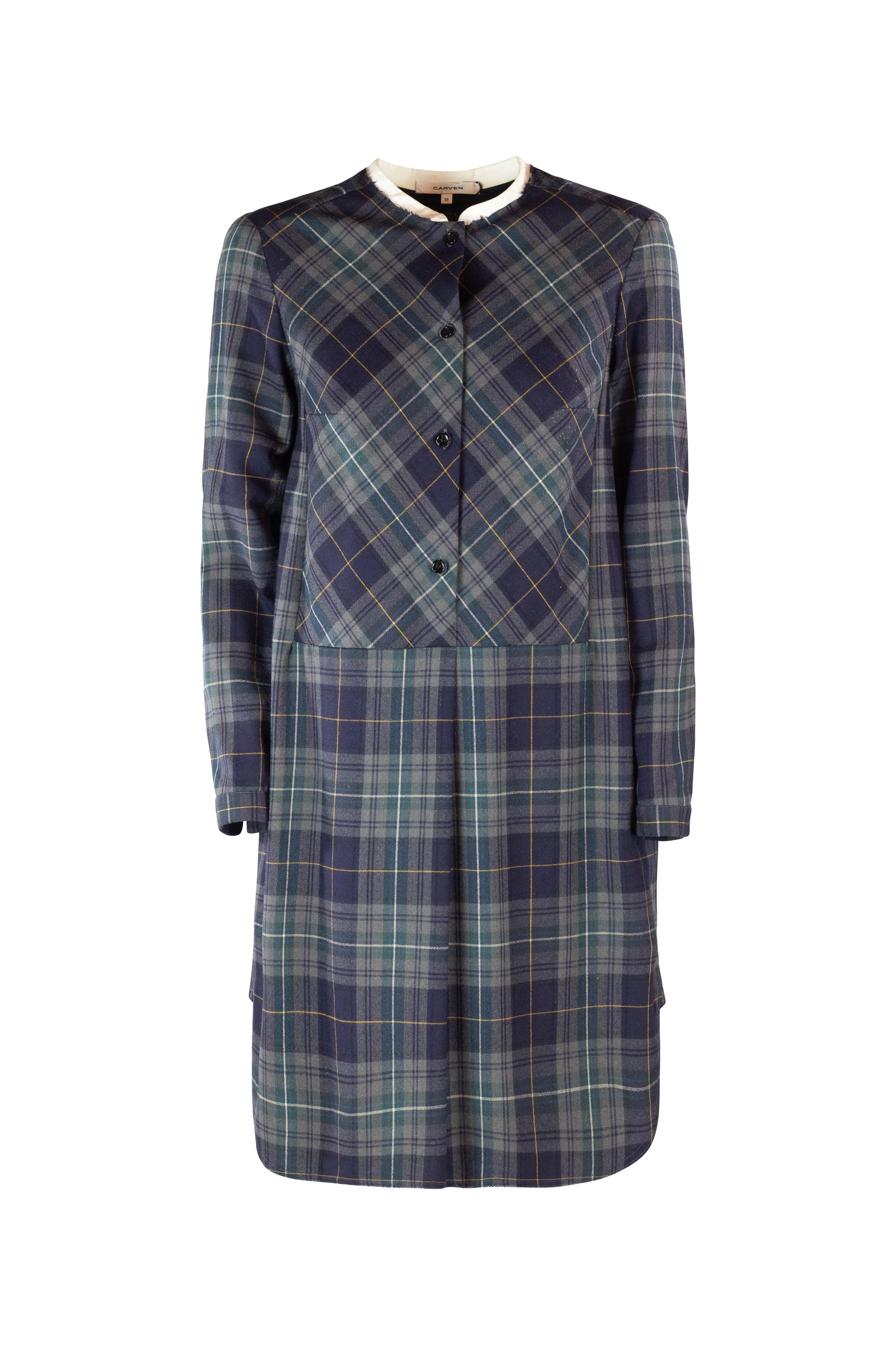 Checked Knee-Length Dress with White Korean Collar