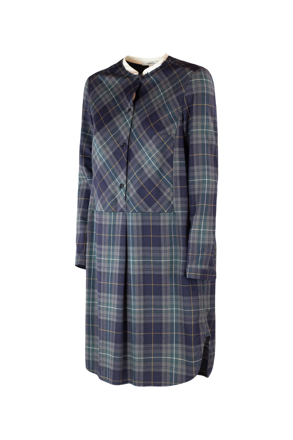 Checked Knee-Length Dress with White Korean Collar