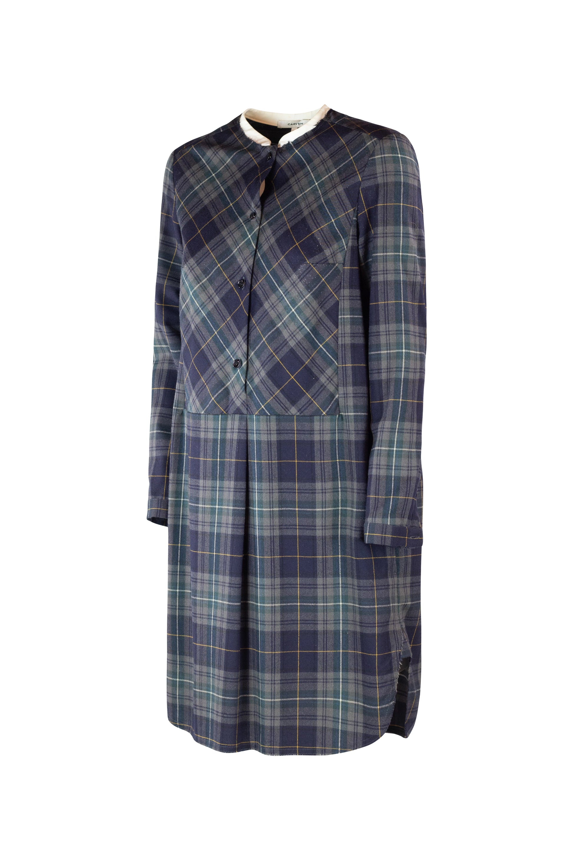 Checked Knee-Length Dress with White Korean Collar
