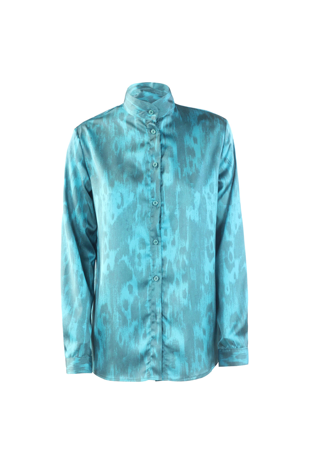 Teal Silk Shirt with Leopard Pattern
