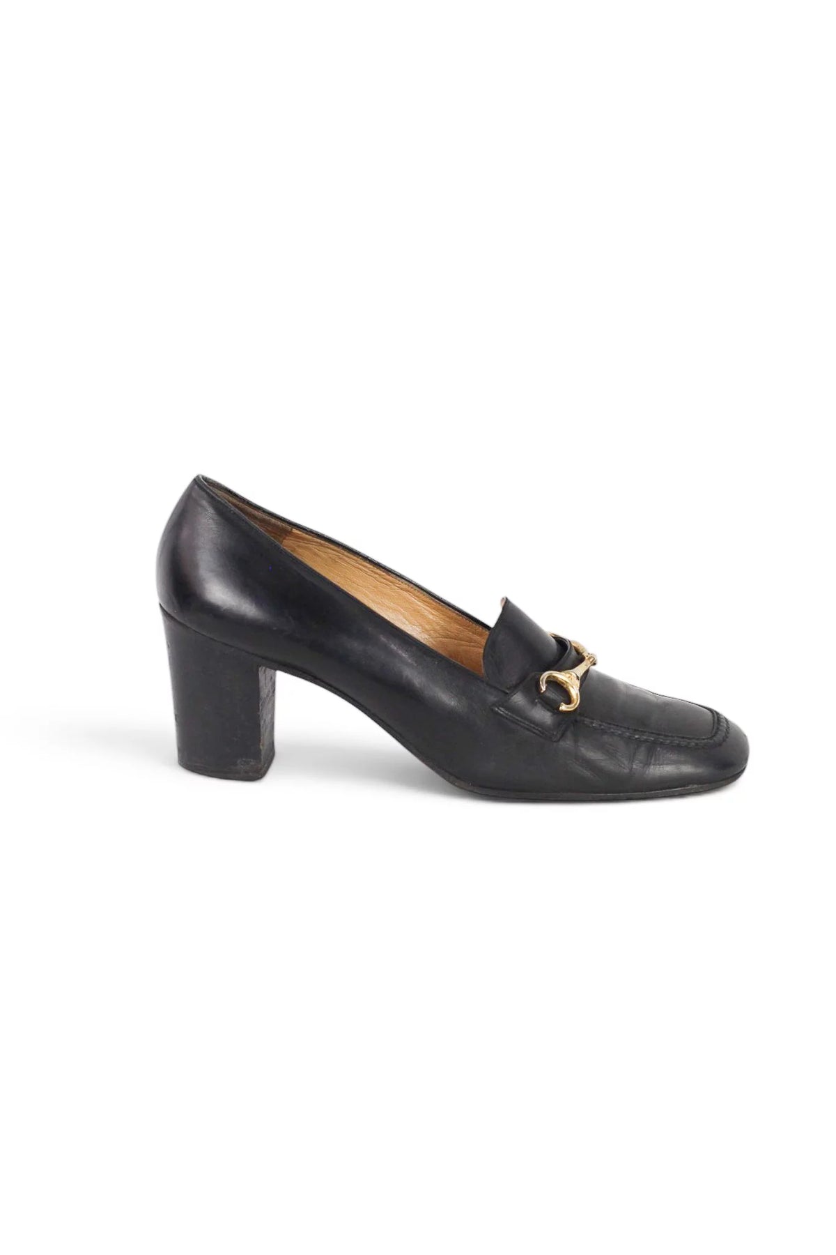 Black Leather Horsebit Loafer Heels