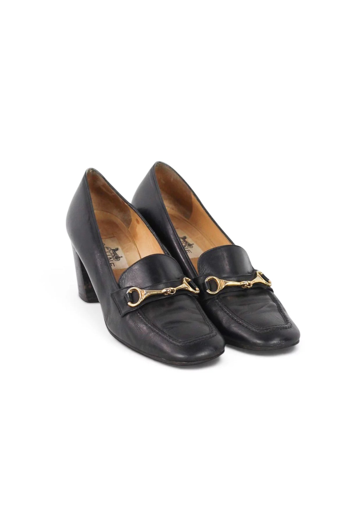 Black Leather Horsebit Loafer Heels