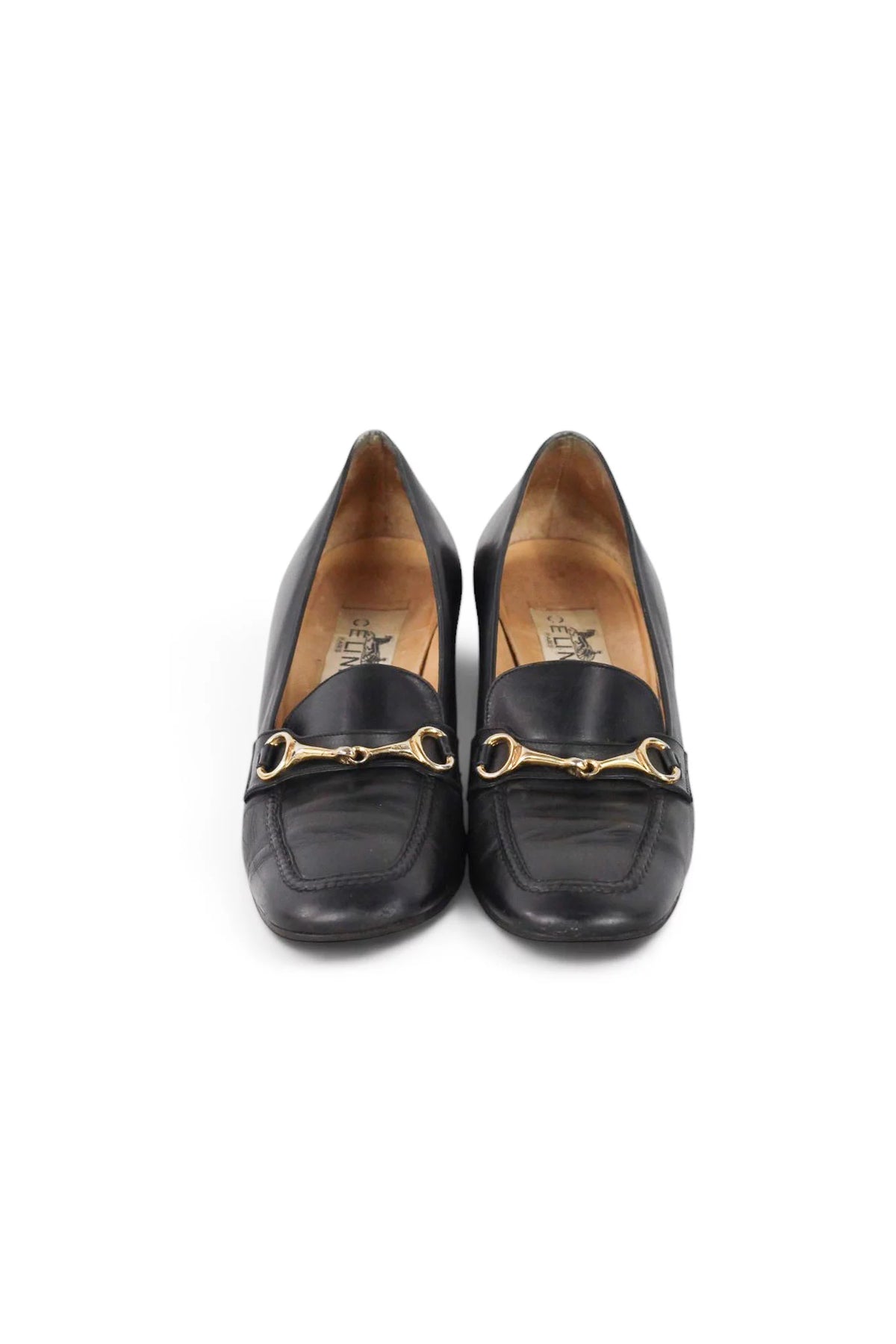 Black Leather Horsebit Loafer Heels