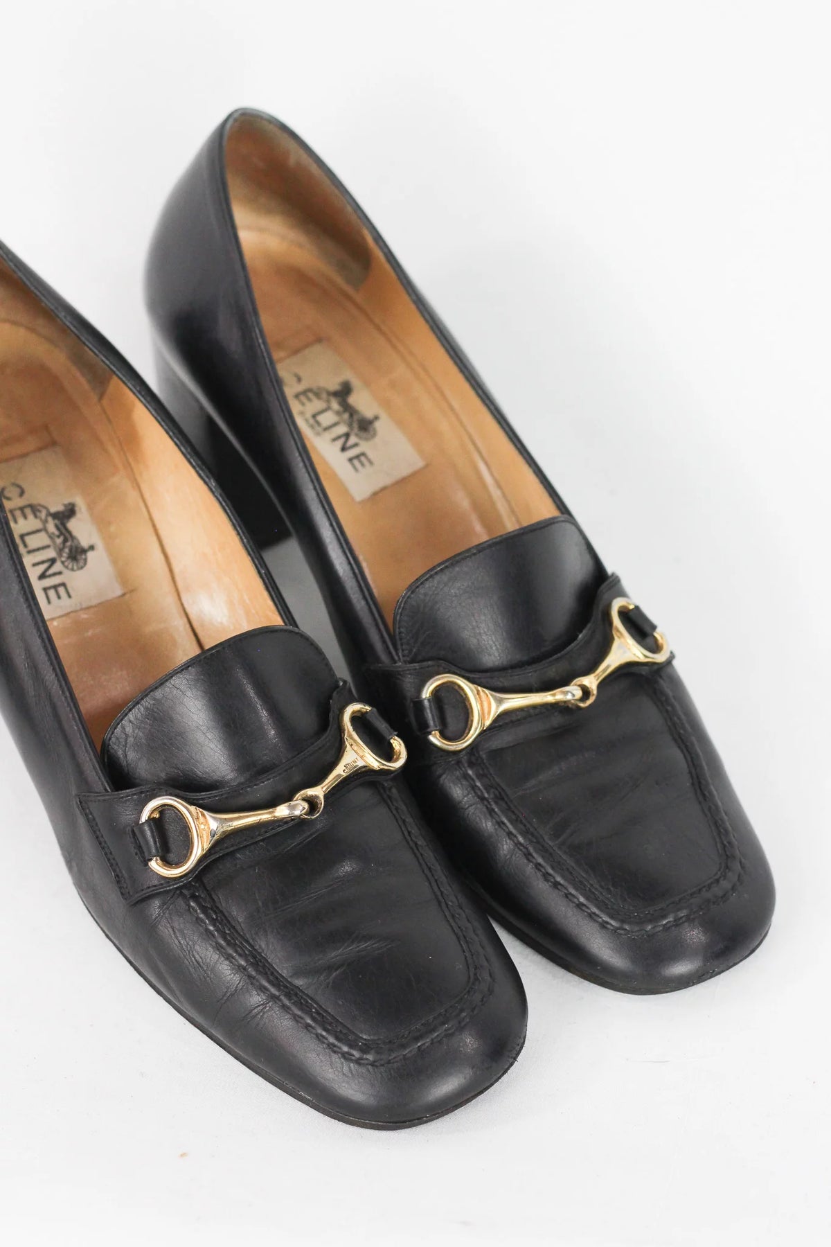 Black Leather Horsebit Loafer Heels