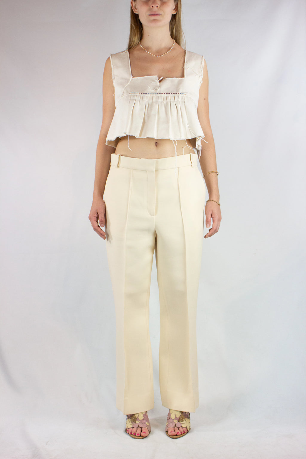 Ecru Wool-Silk Straight Fit Trousers