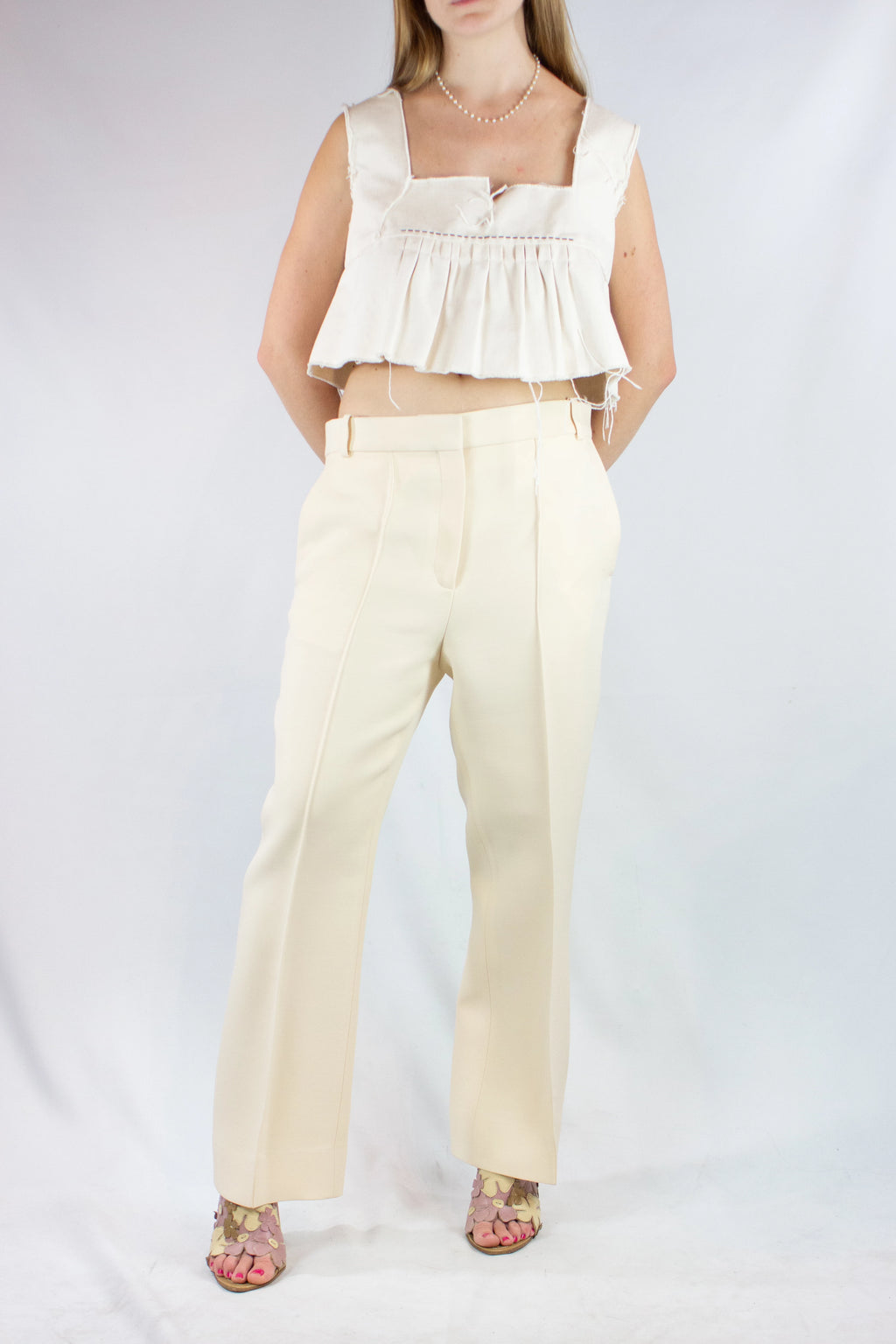 Ecru Wool-Silk Straight Fit Trousers