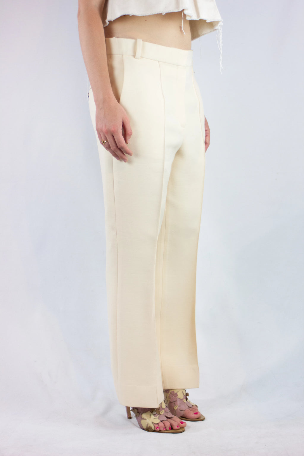 Ecru Wool-Silk Straight Fit Trousers
