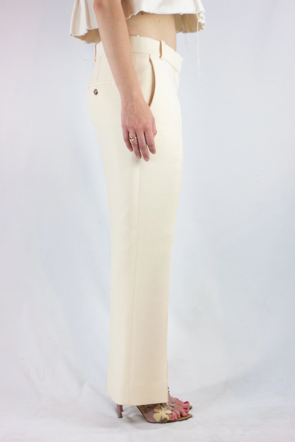 Ecru Wool-Silk Straight Fit Trousers