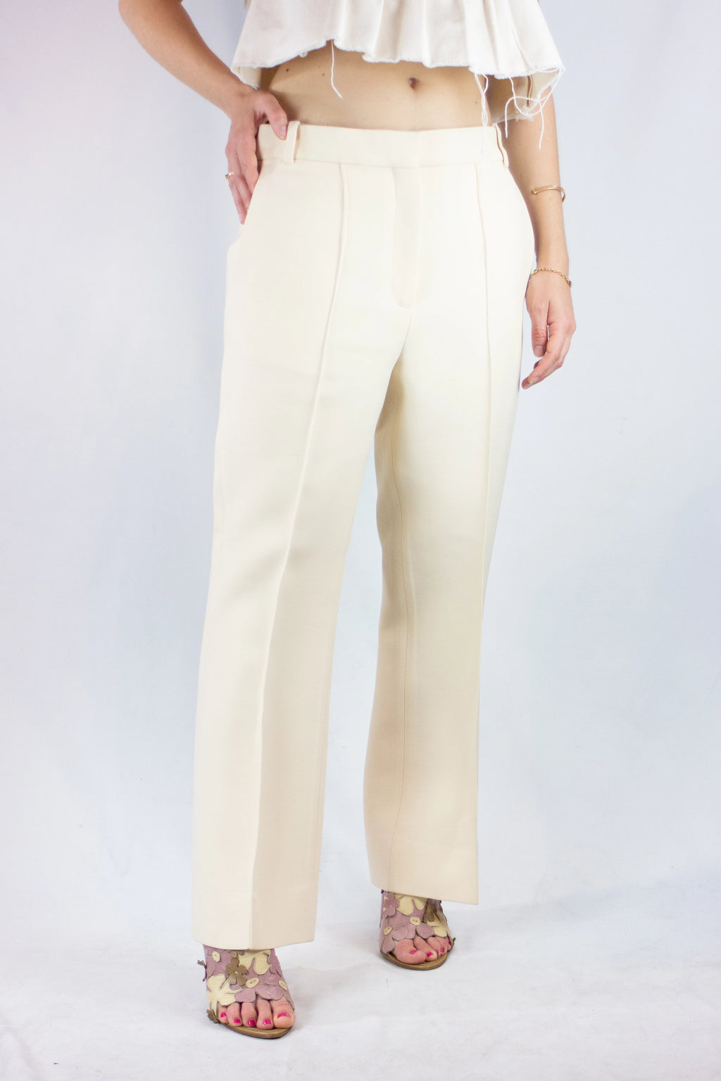 Ecru Wool-Silk Straight Fit Trousers