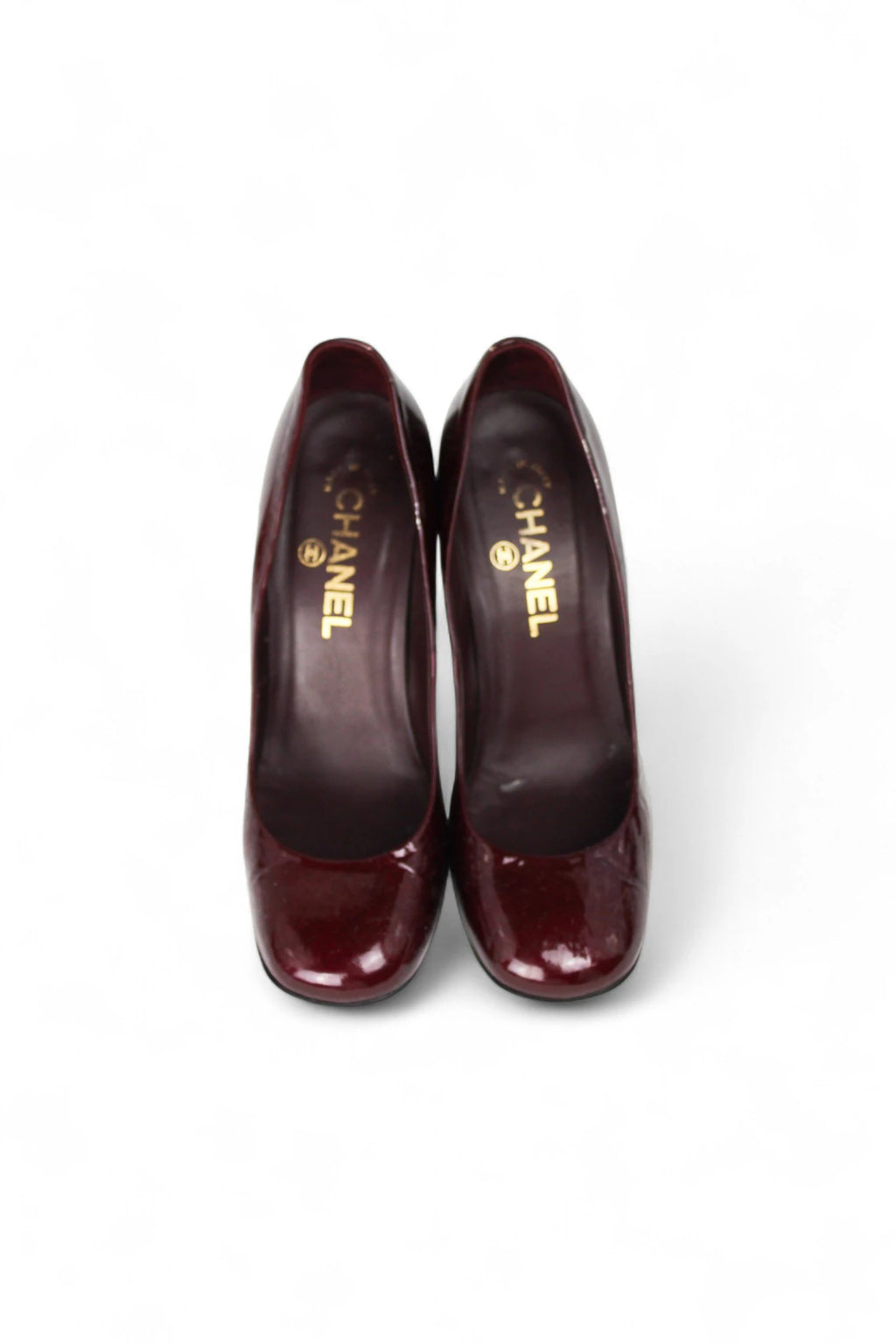 Bordeaux Patent Pumps with Logo Block Heel