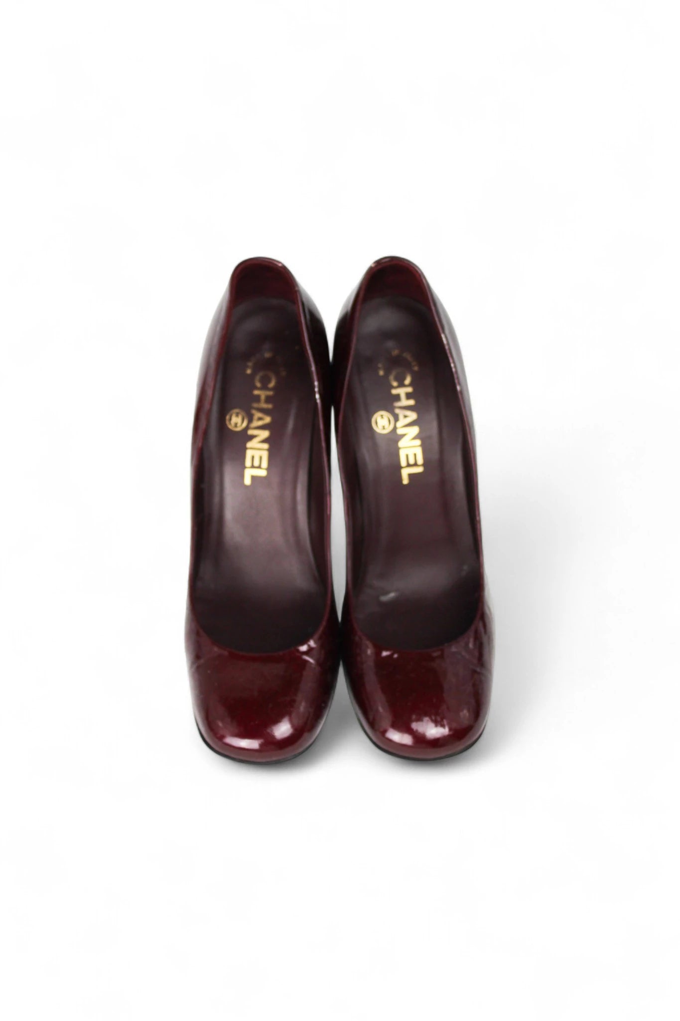 Bordeaux Patent Pumps with Logo Block Heel