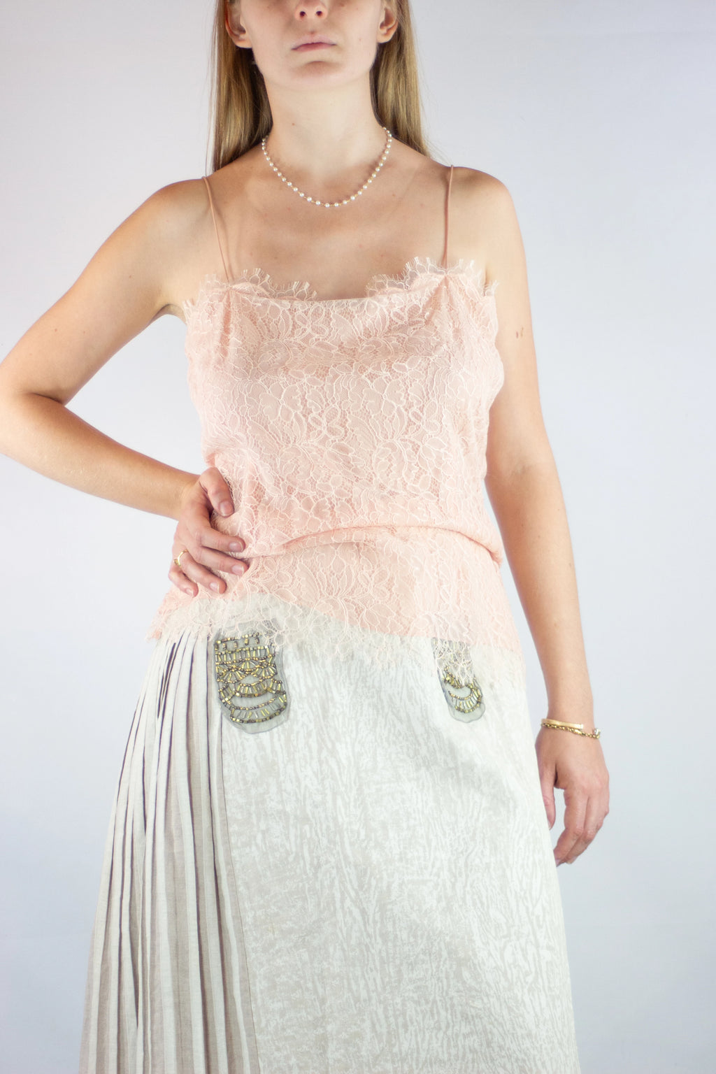 Pink Silk Lace Top with Spaghetti Straps