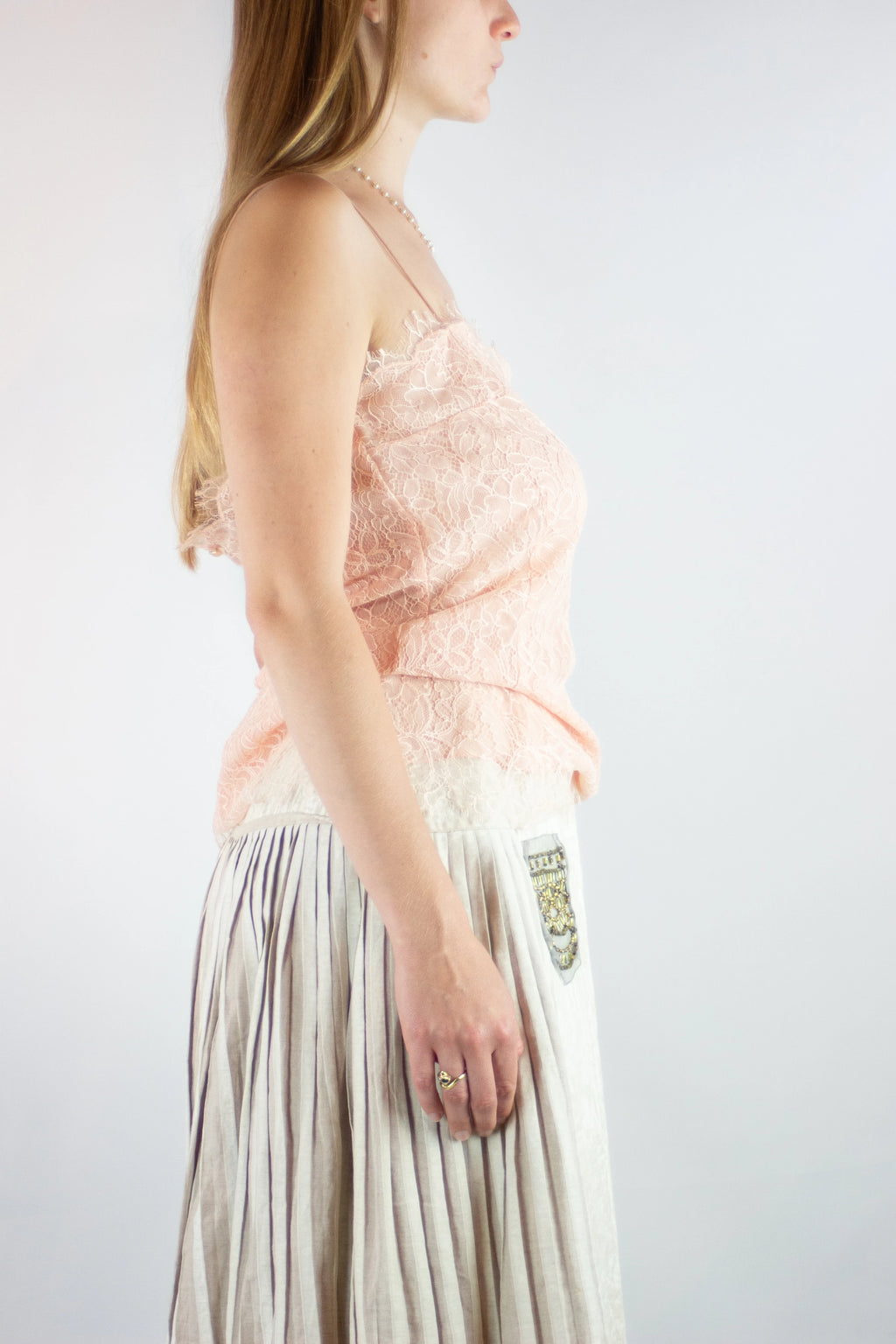 Pink Silk Lace Top with Spaghetti Straps