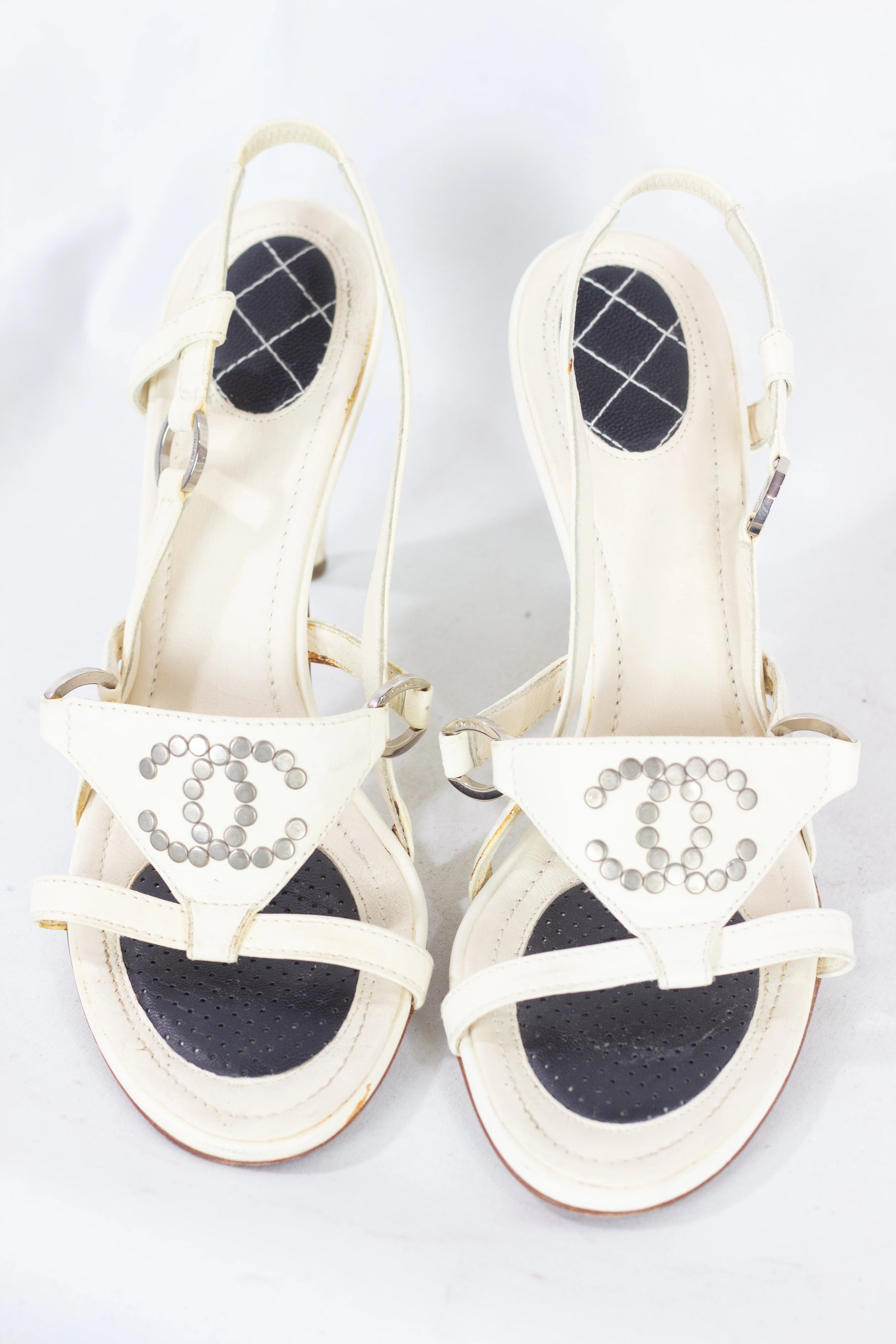 Sandals with Hexagonal Heel and Studded Logo Detail