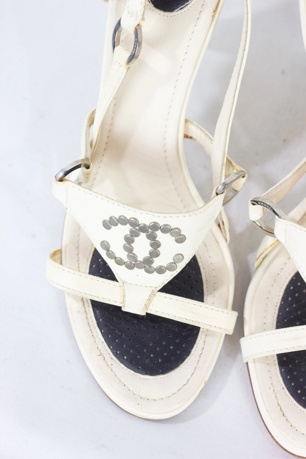 Sandals with Hexagonal Heel and Studded Logo Detail