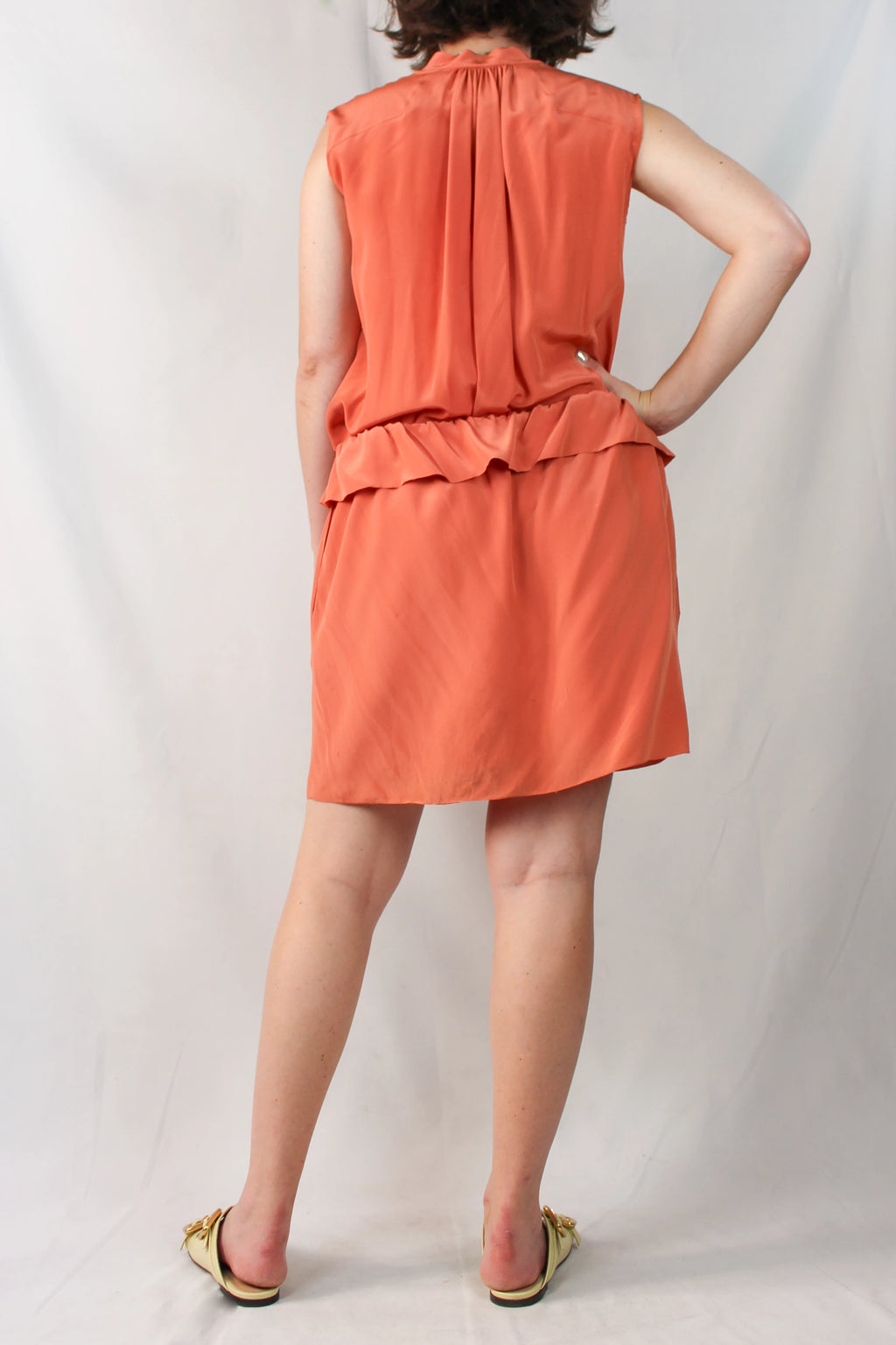 Apricot Orange Silk Tunic Dress with Frilled Waist and Back Cut-Out