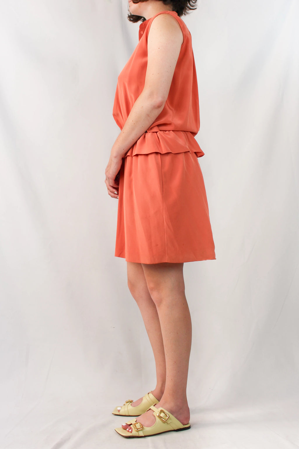 Apricot Orange Silk Tunic Dress with Frilled Waist and Back Cut-Out