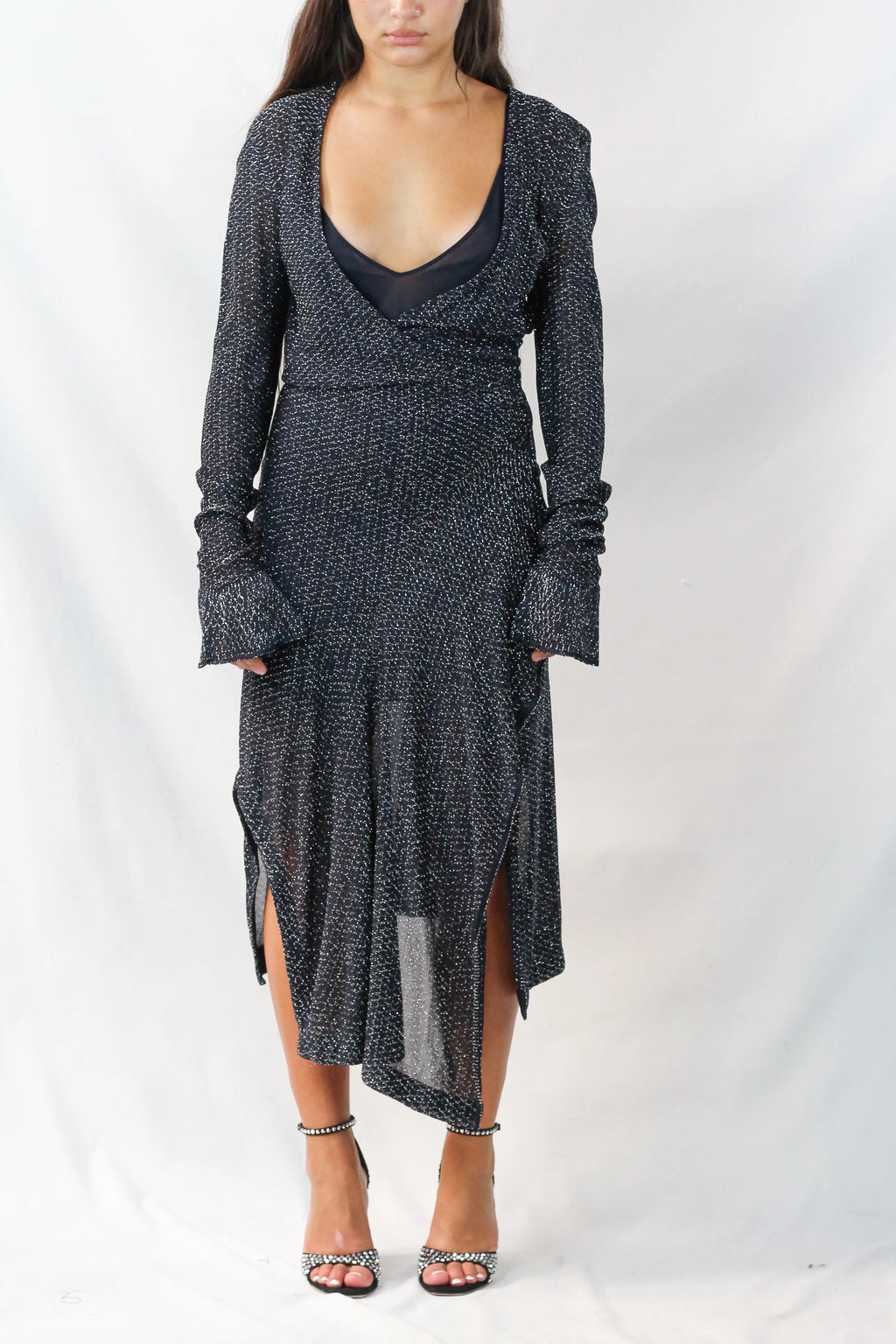 Metallic Knit Long Sleeve Evening Midi Dress