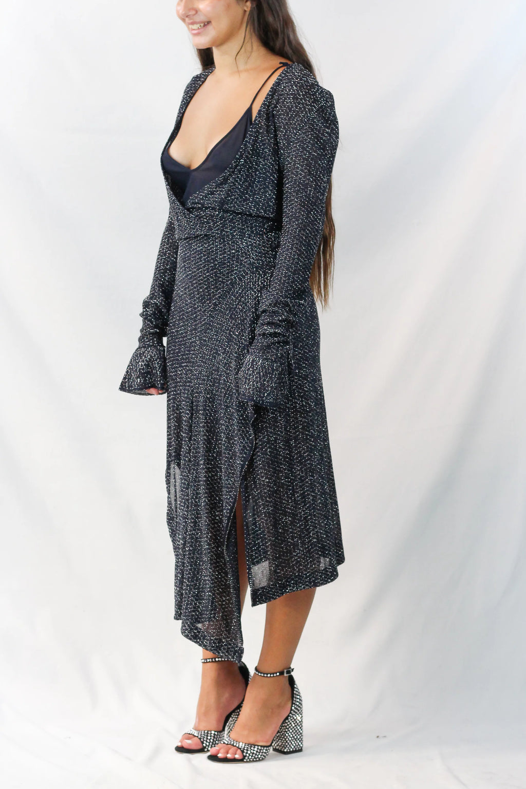 Metallic Knit Long Sleeve Evening Midi Dress