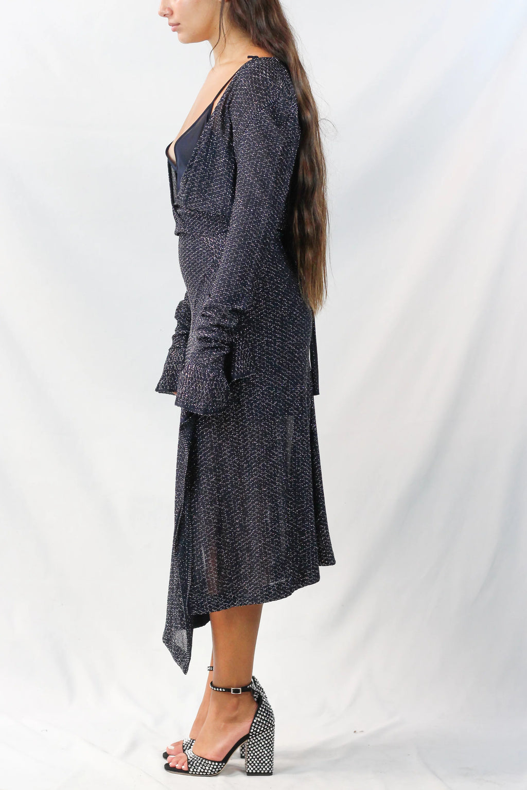 Metallic Knit Long Sleeve Evening Midi Dress