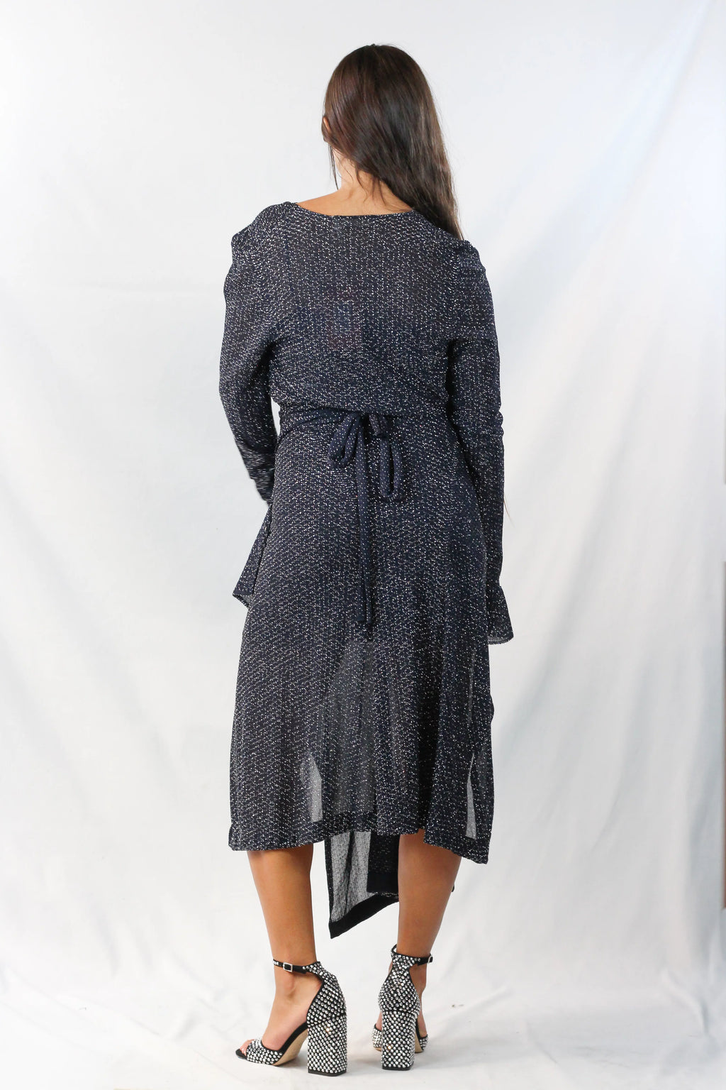 Metallic Knit Long Sleeve Evening Midi Dress