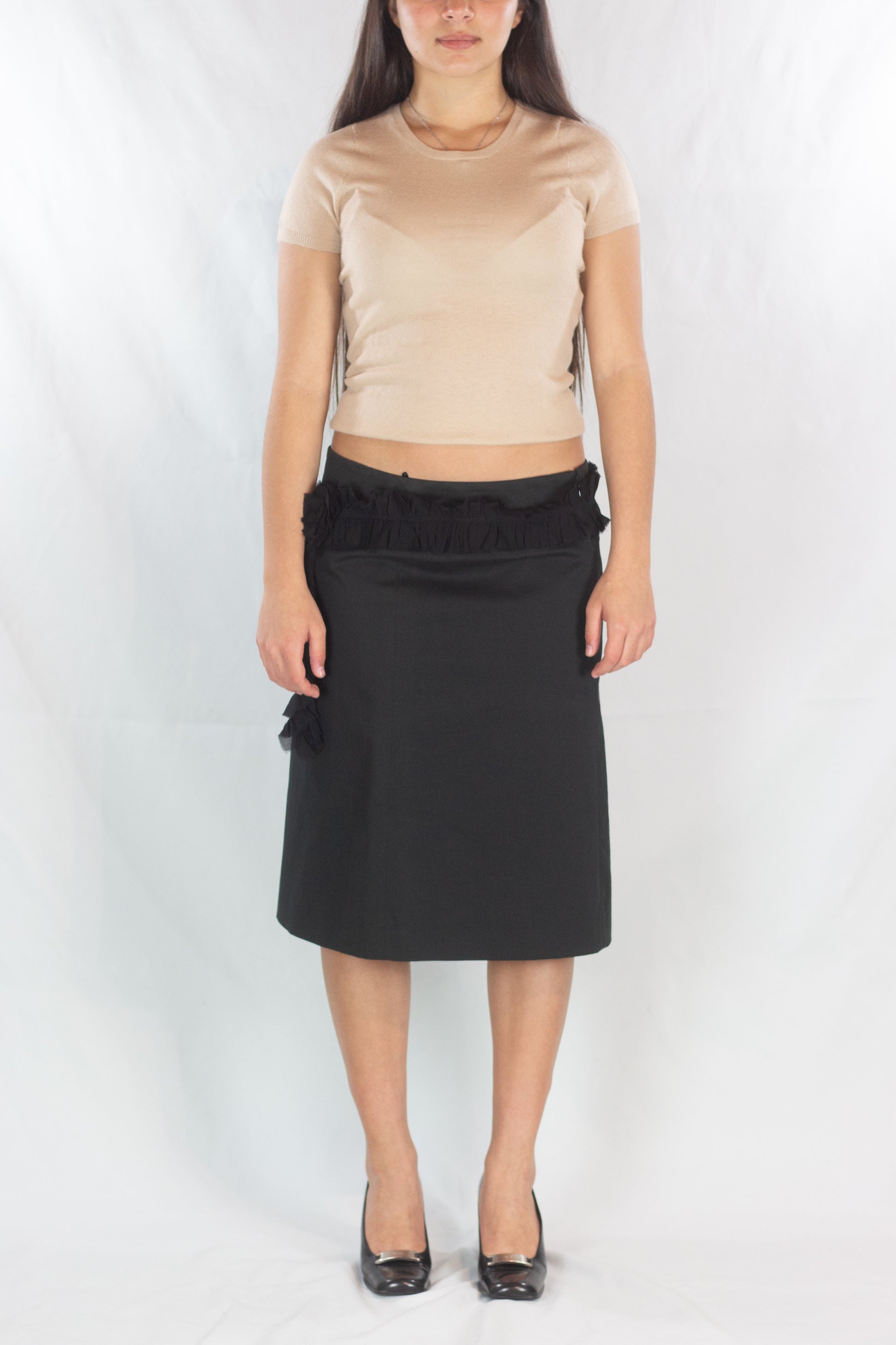 Straight Cotton Skirt with Silk Chiffon Belt Detail