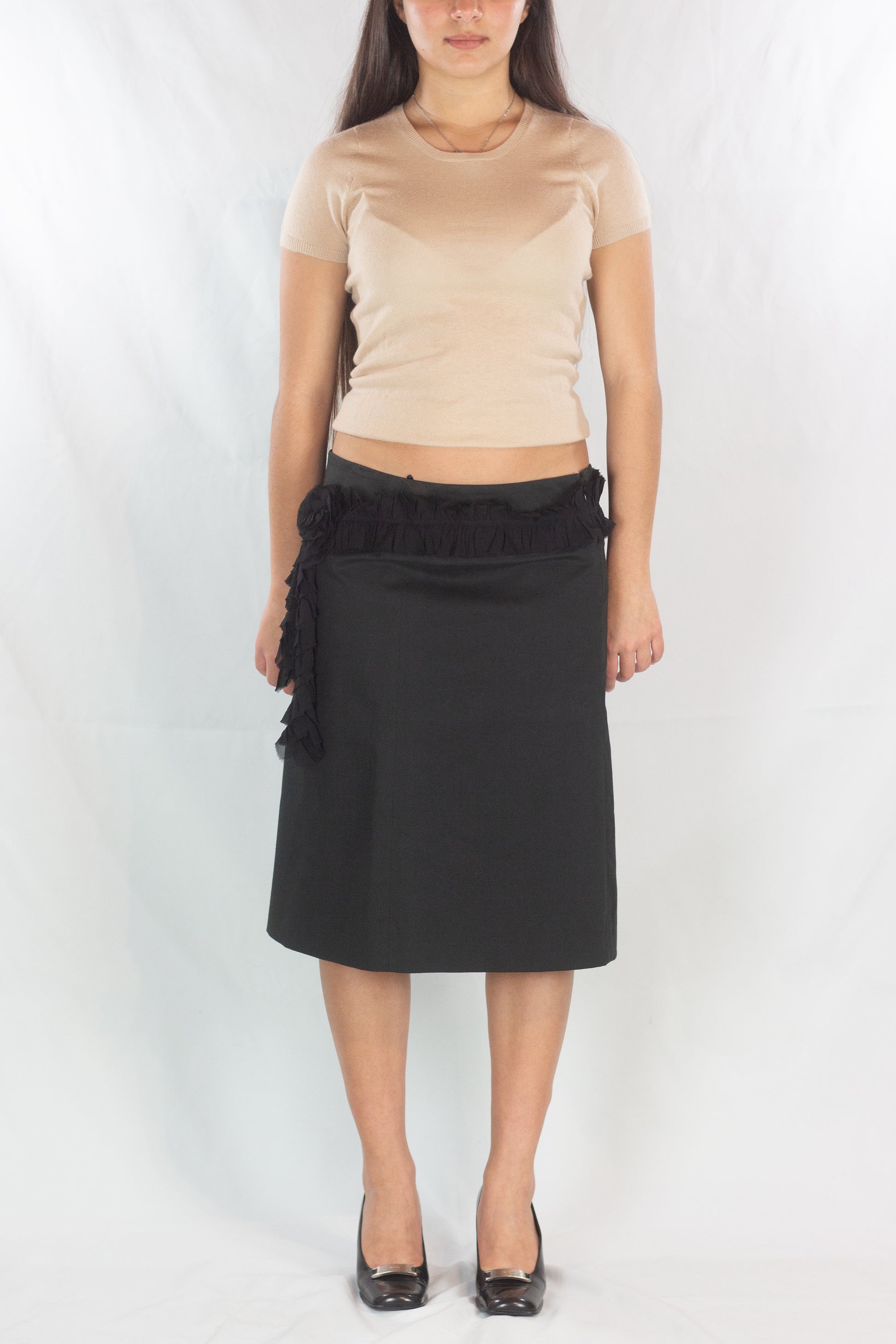 Straight Cotton Skirt with Silk Chiffon Belt Detail