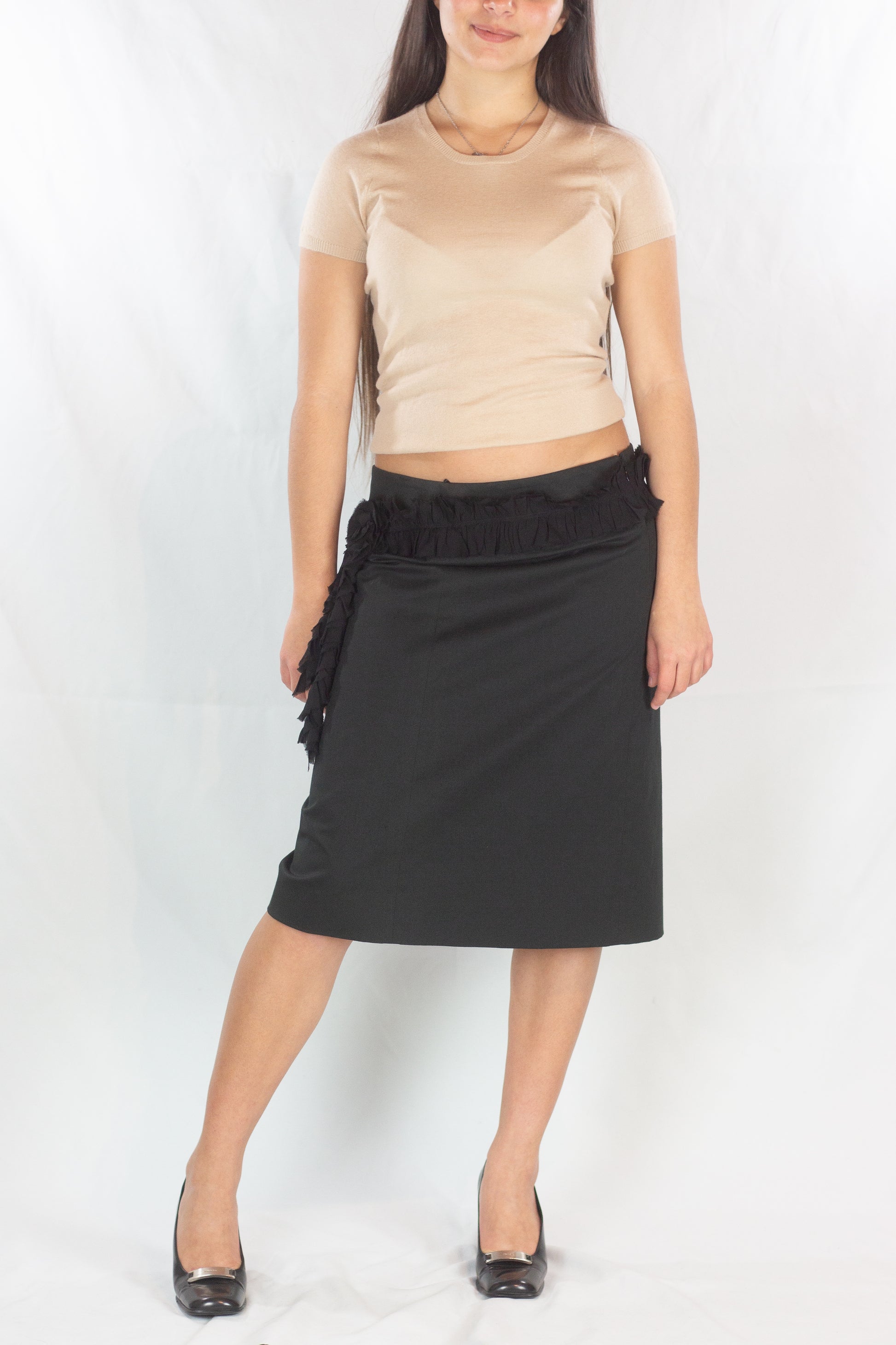 Straight Cotton Skirt with Silk Chiffon Belt Detail