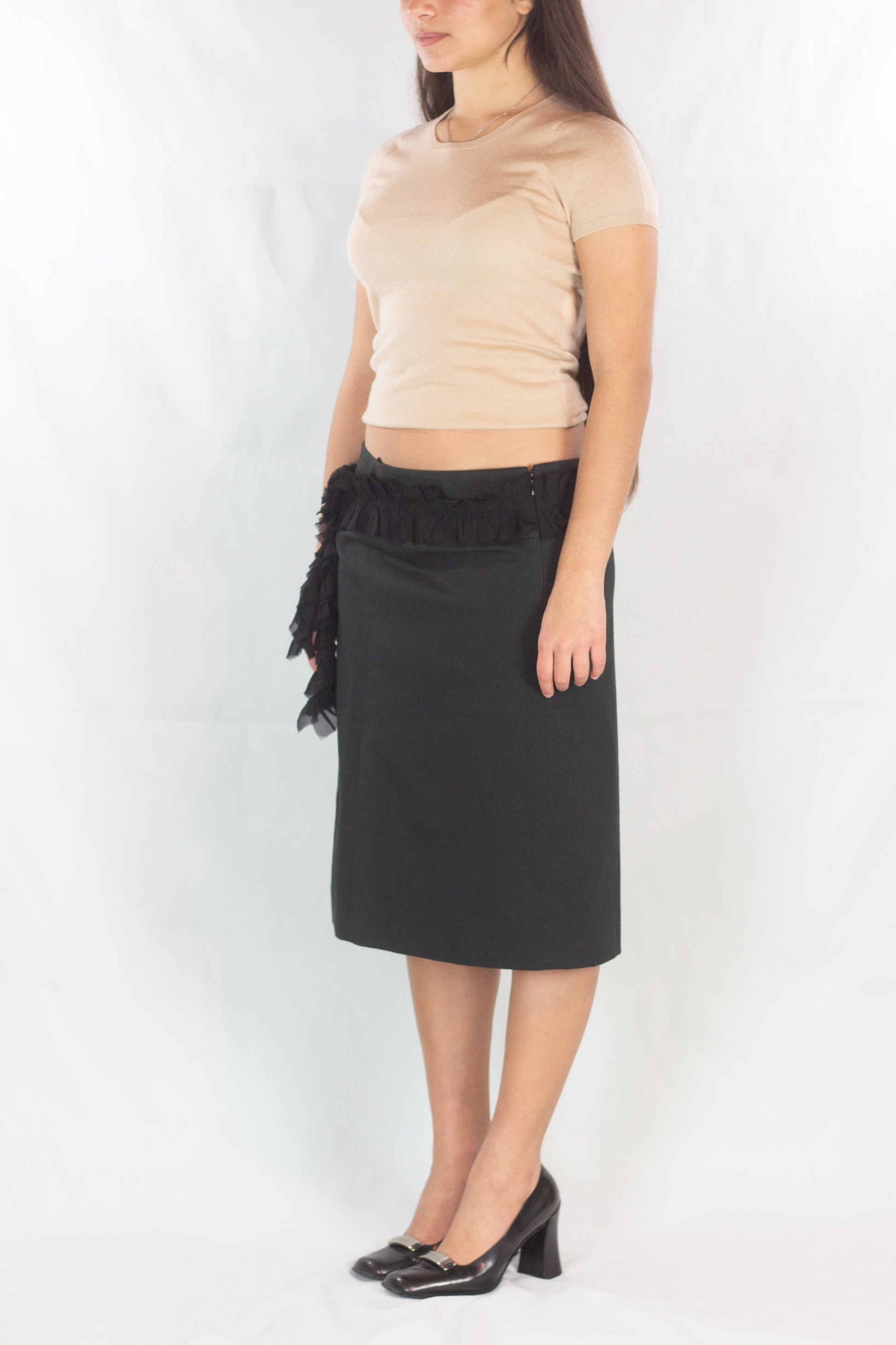Straight Cotton Skirt with Silk Chiffon Belt Detail