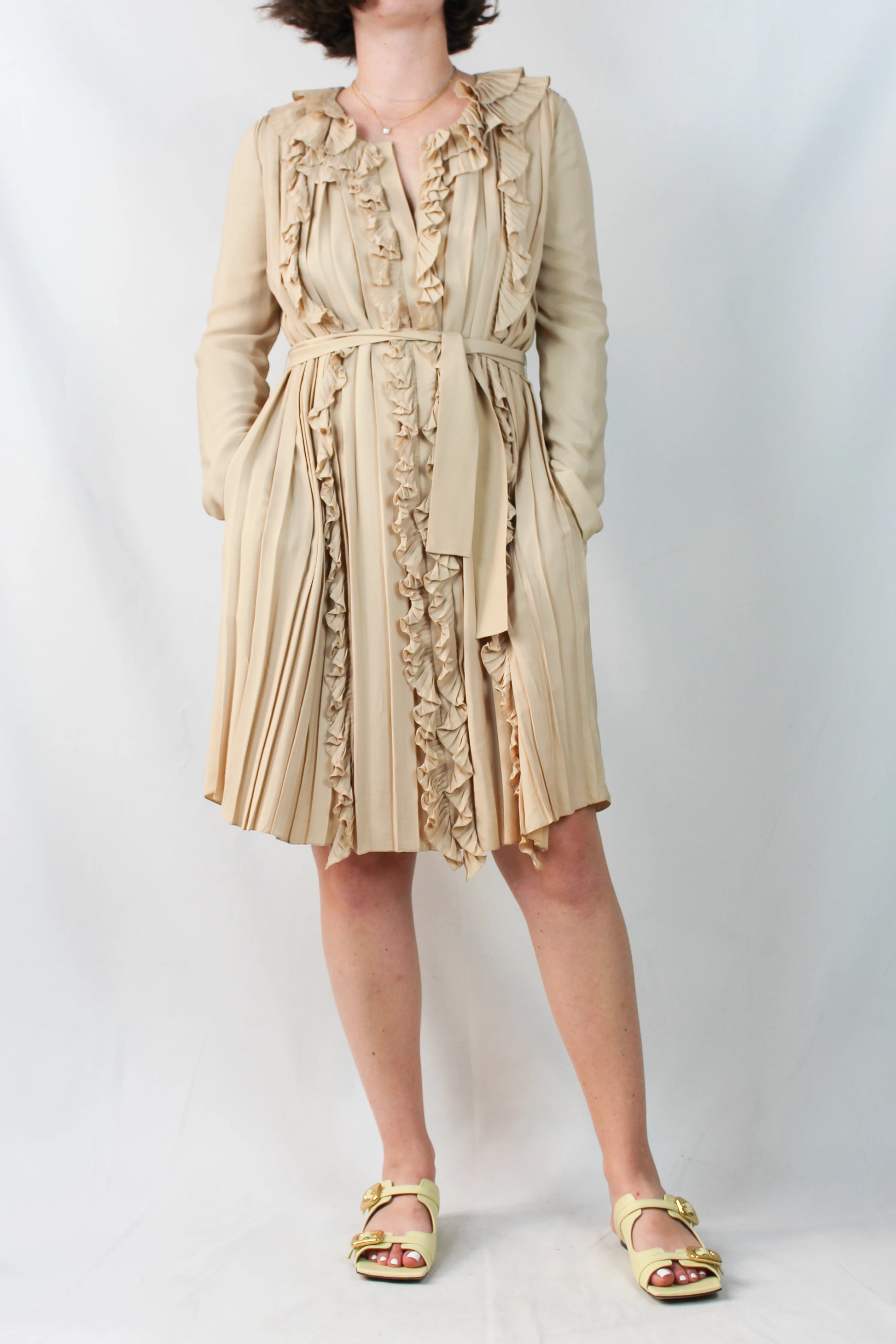 Silk Blend Ruched Dress with Collar and Belt
