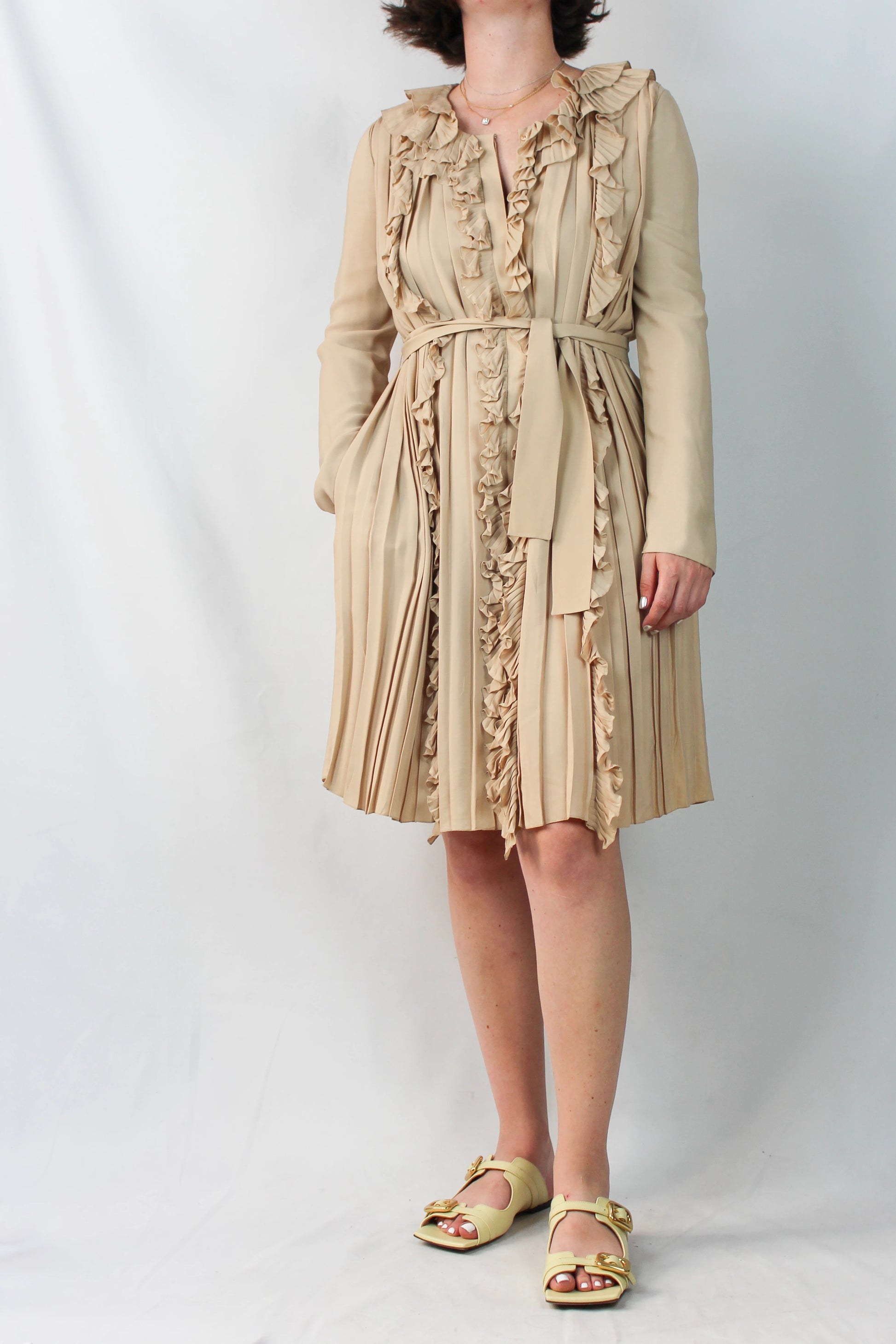 Silk Blend Ruched Dress with Collar and Belt