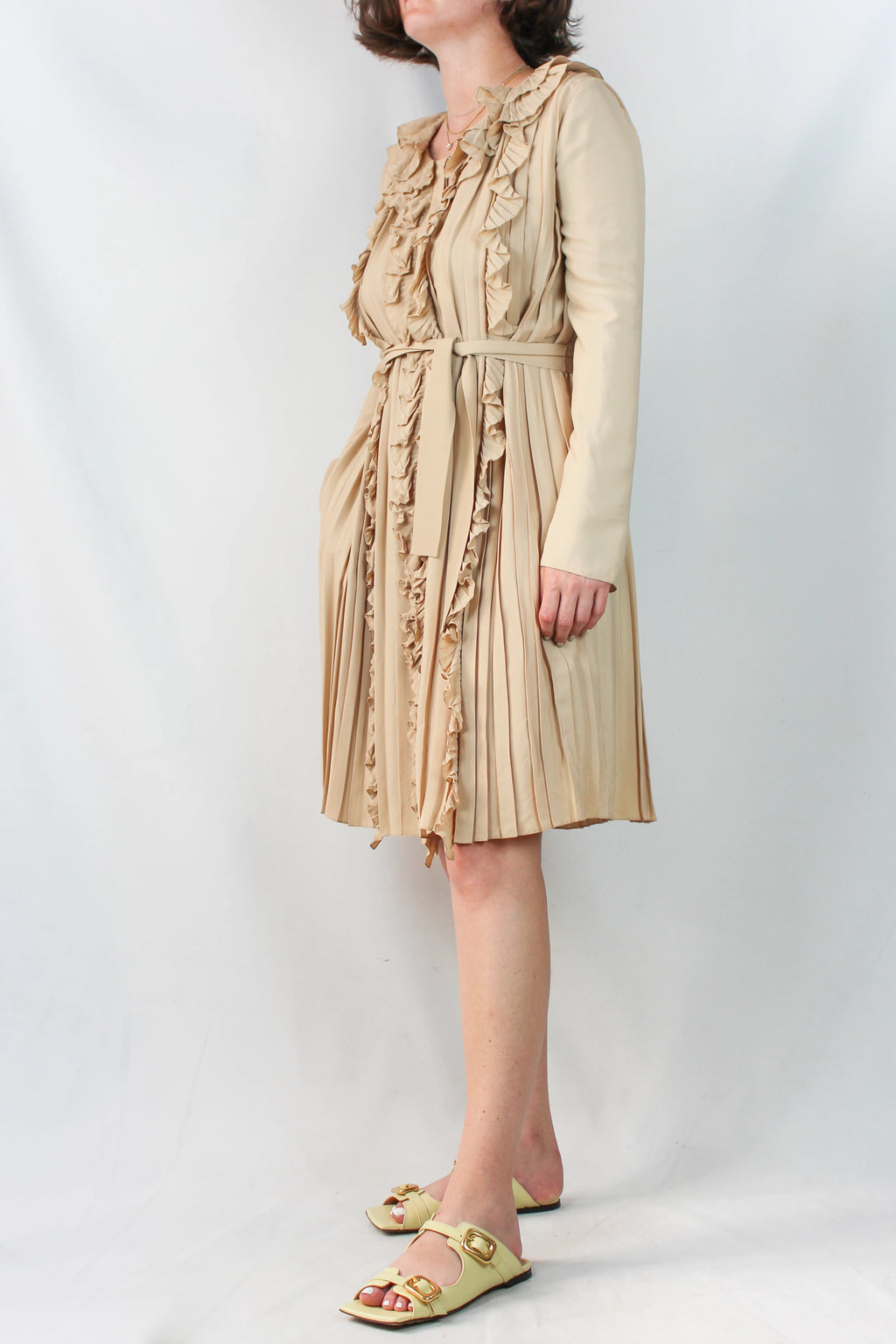 Silk Blend Ruched Dress with Collar and Belt