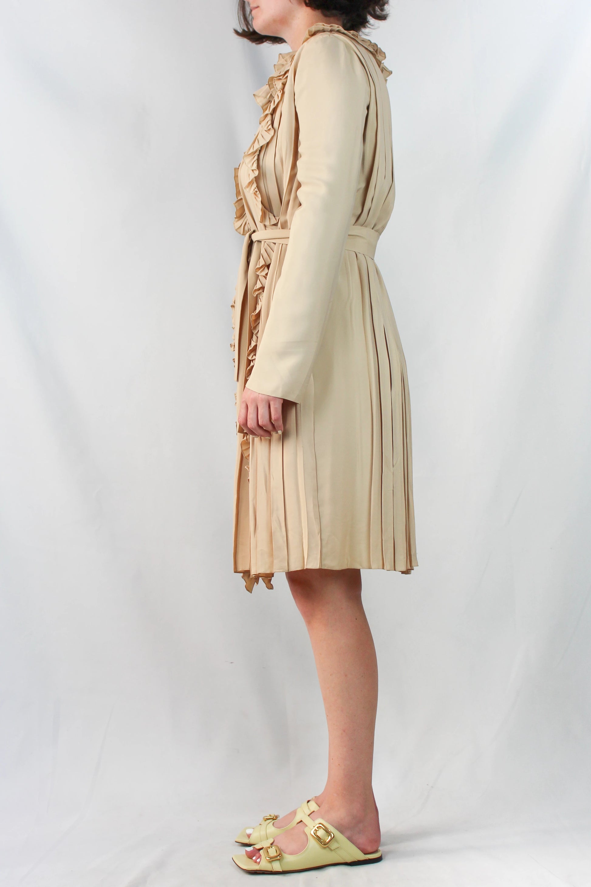Silk Blend Ruched Dress with Collar and Belt
